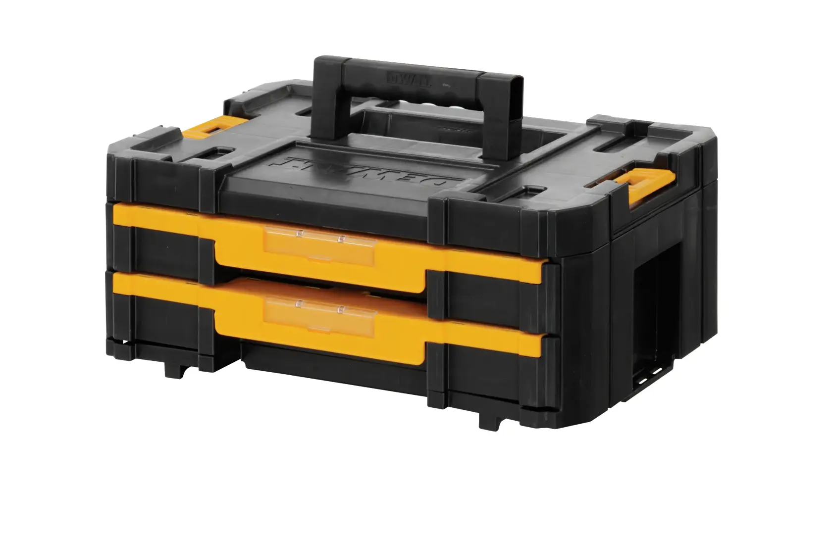 Black and yellow DEWALT toolbox with two drawers and a handle, designed for secure tool storage and transport.