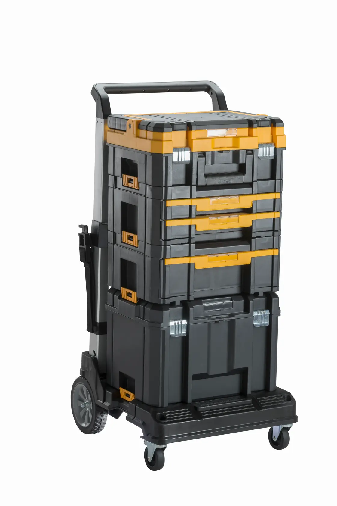 Un chariot utilitaire roulant de marque DEWALT avec deux grandes roues arrière et deux petites roulettes avant, équipé d'une poignée solide et d'une base plate pour transporter des outils ou du matériel.