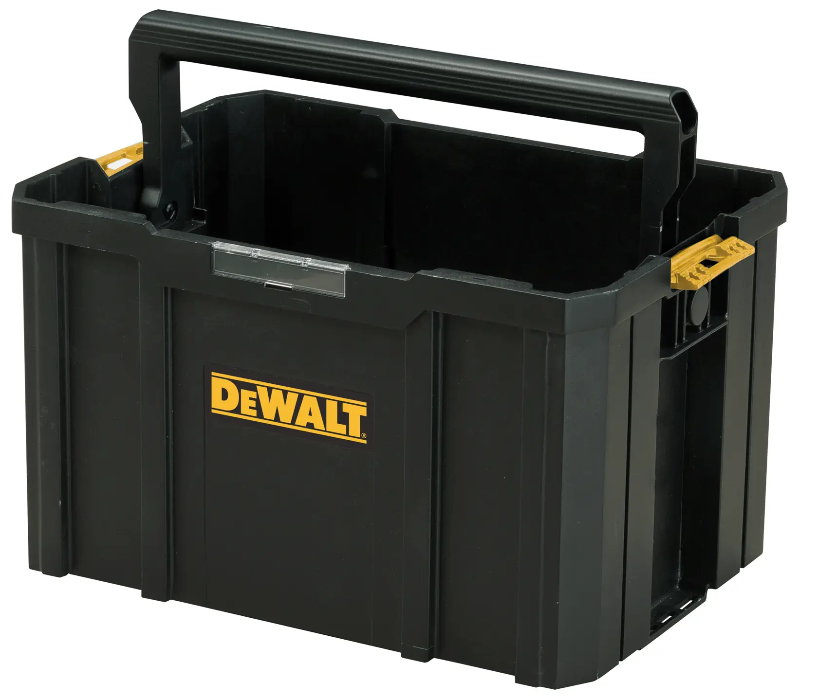 DEWALT black open toolbox with yellow logo and a large carrying handle on top.