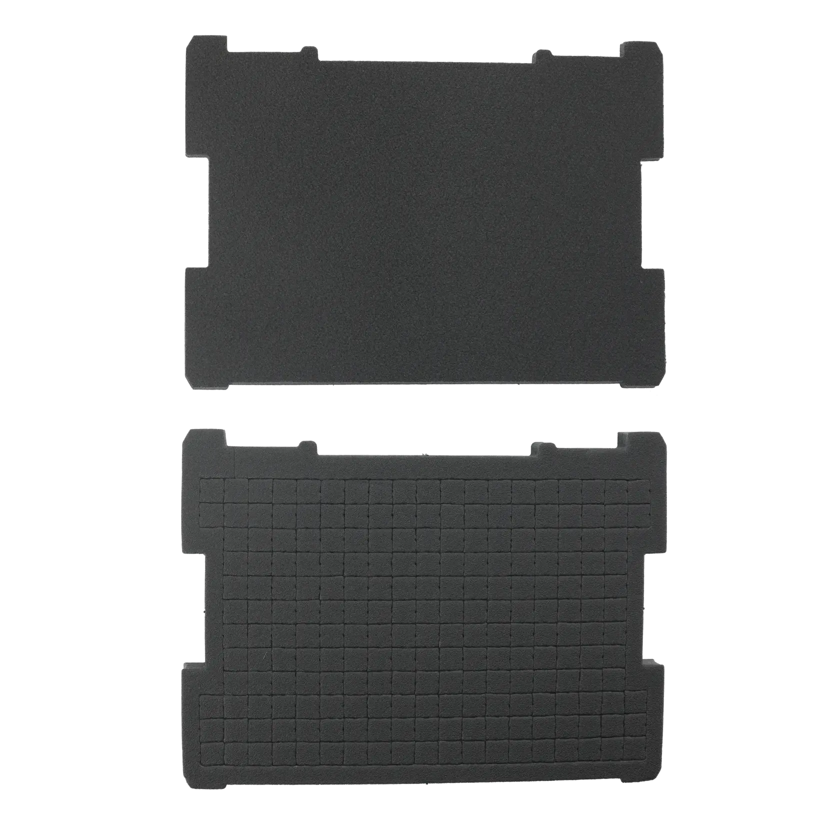 Two rectangular black foam inserts, one with a grid pattern and one plain, shown side by side on a white background.