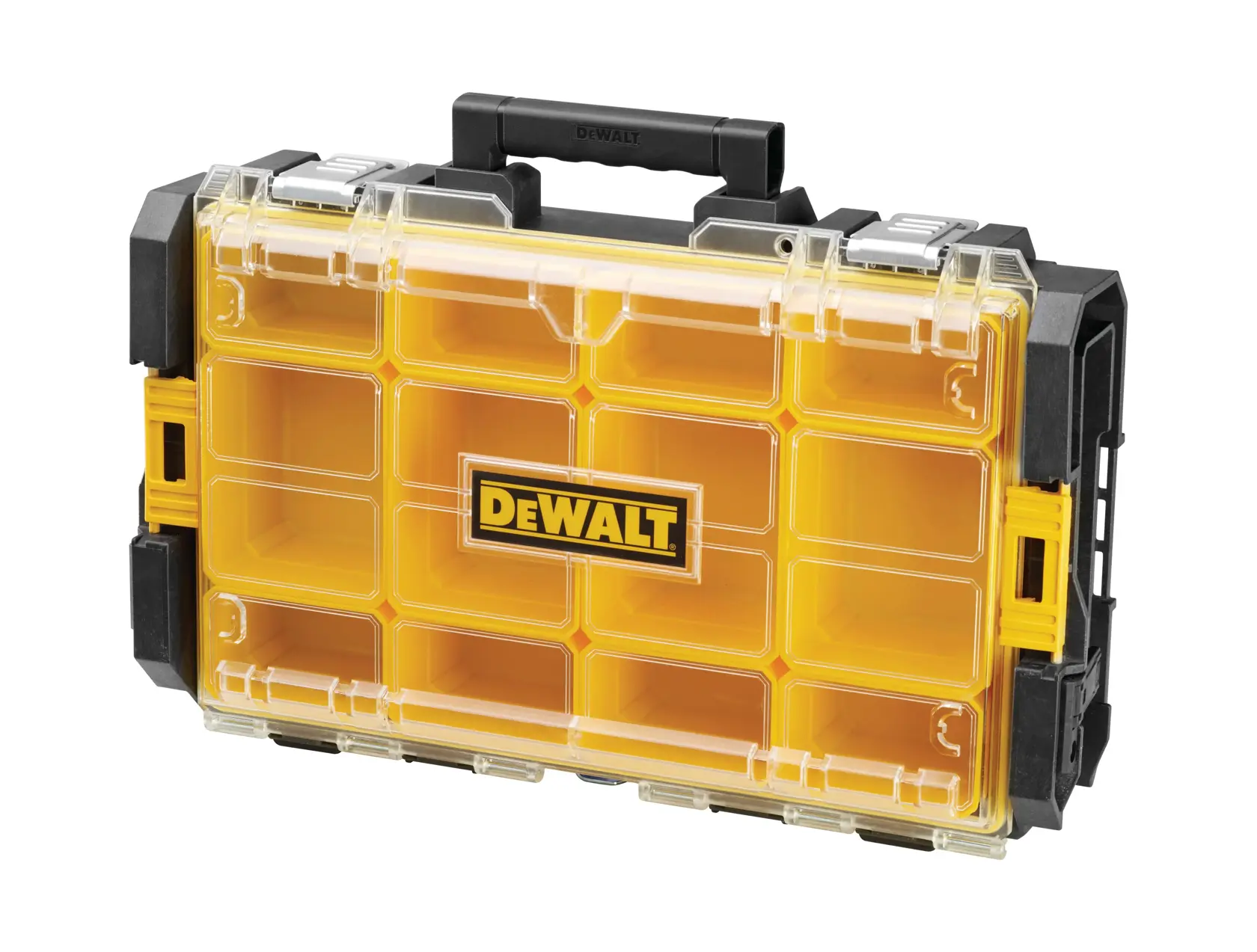 DEWALT yellow plastic organizer case with clear lid and compartments for storage and carrying small items.