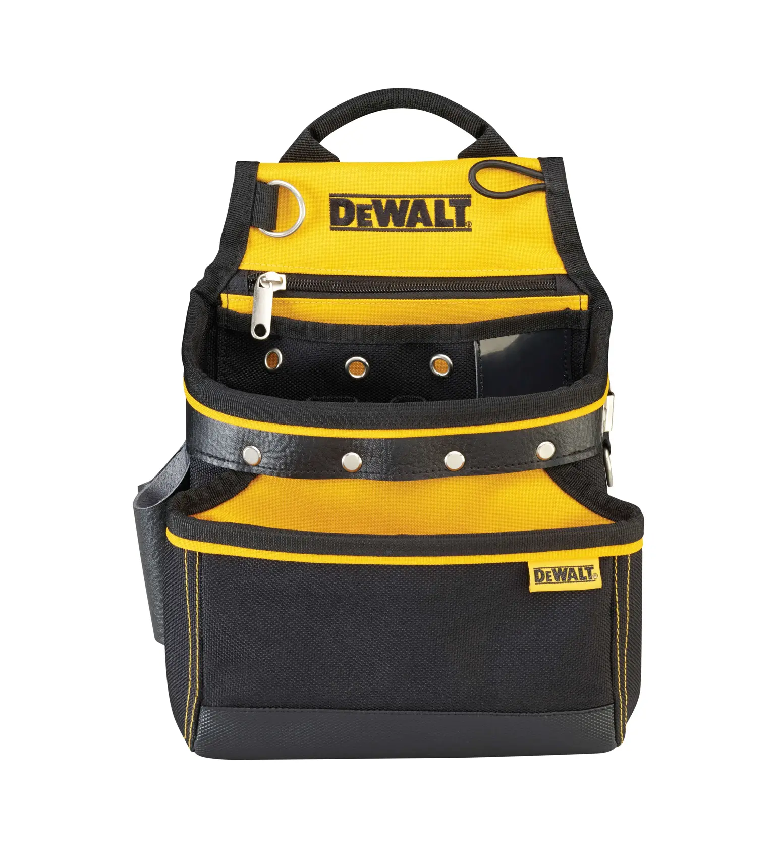 A DEWALT branded tool pouch with multiple compartments, made from yellow and black durable fabric, featuring metal rivets and a zipper pocket.