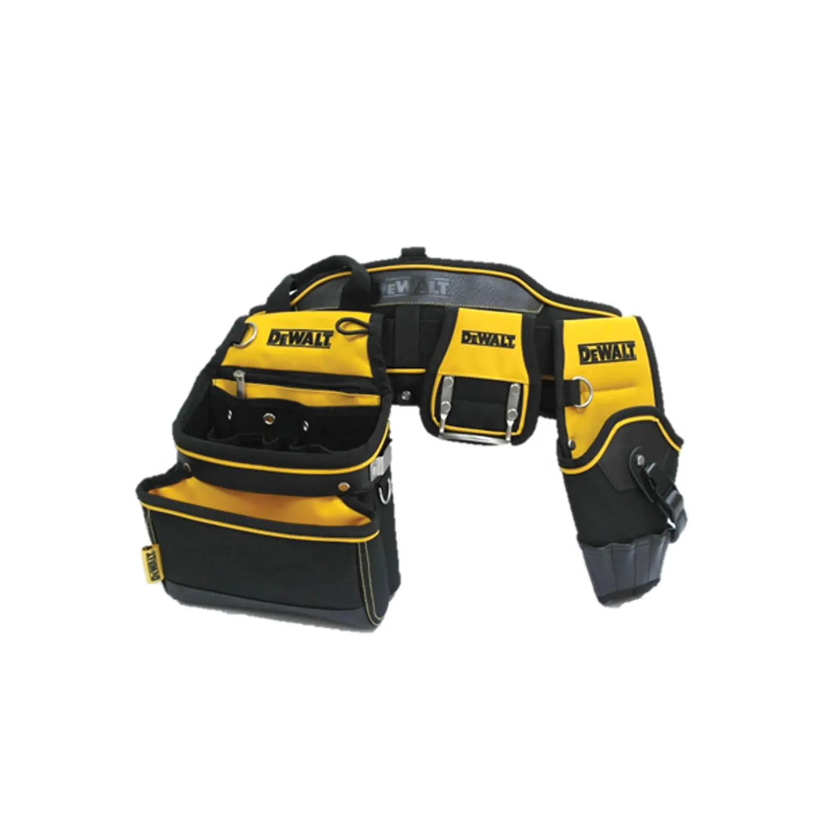 DEWALT yellow and black tool belt with multiple pockets and holders for tools, suitable for construction or photography.