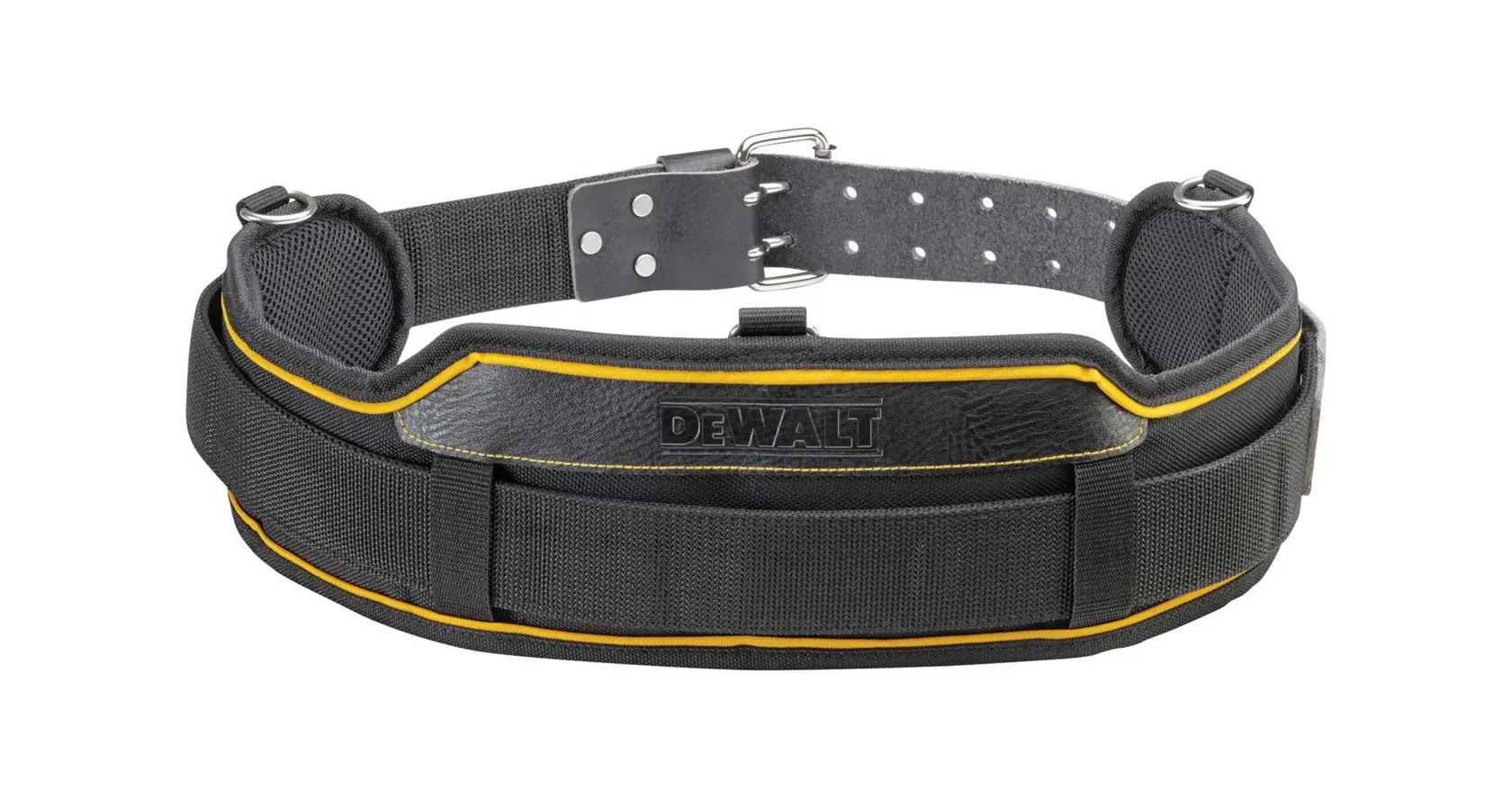 Black DEWALT padded belt with yellow trim, adjustable with metal buckle and loops for accessories.