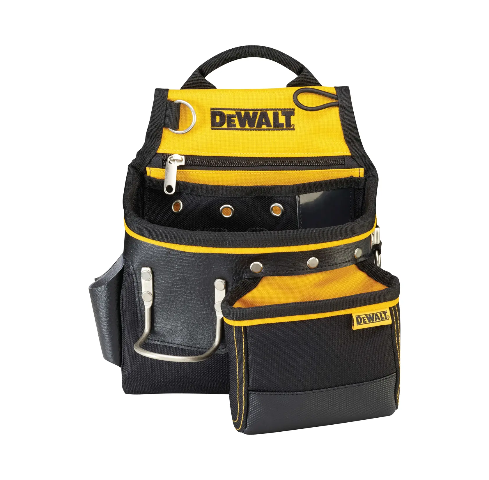 A DEWALT branded tool pouch in black and yellow, featuring several compartments, a zipper pocket, and metal loops for organizing tools.