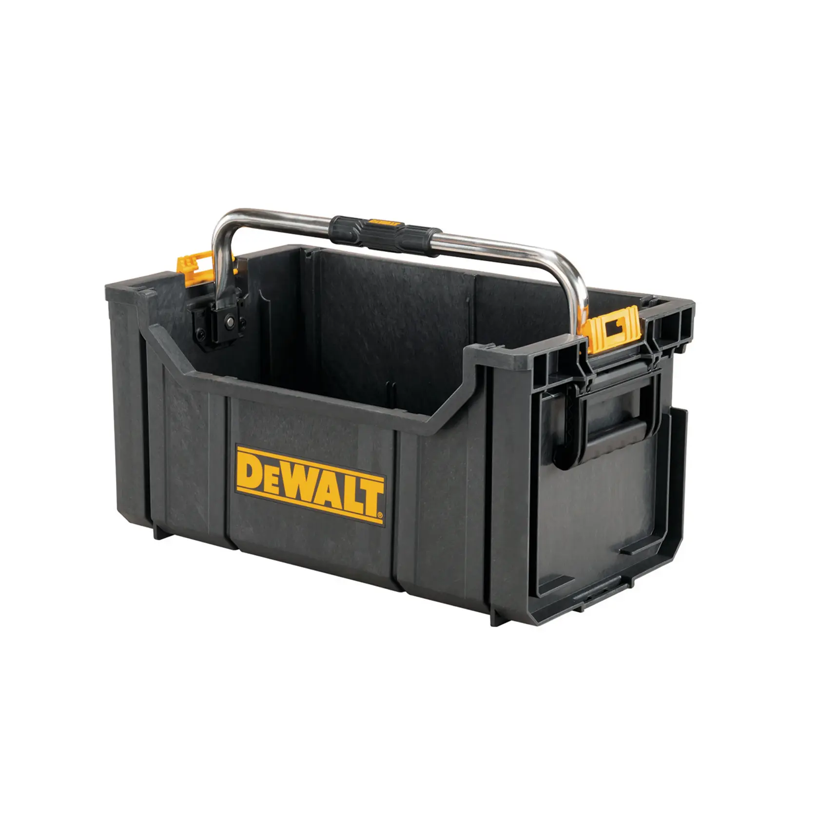 A black DEWALT open tool box with a metallic carry handle and yellow latches, suitable for carrying tools and accessories.