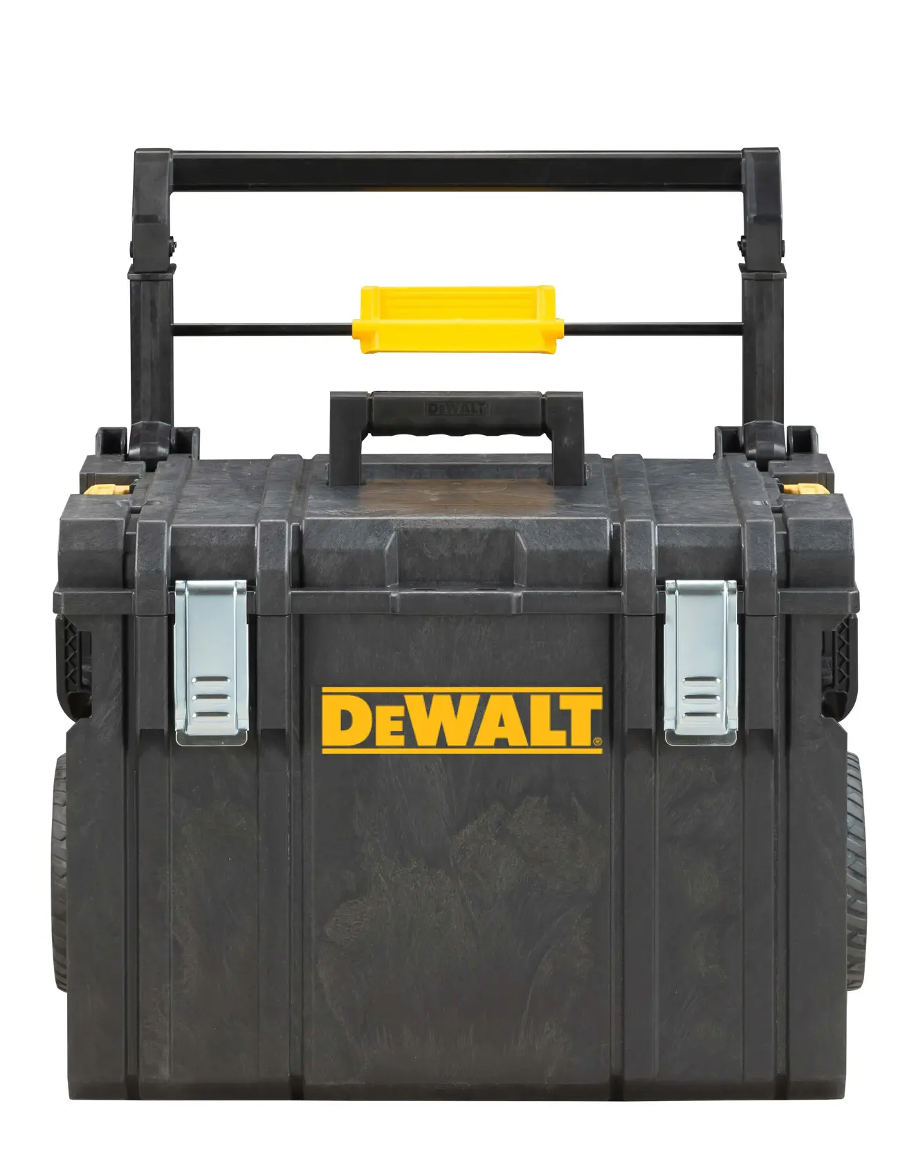 DEWALT black rolling toolbox with yellow logo, metal latches, large handle, and wheels, shown on white background.