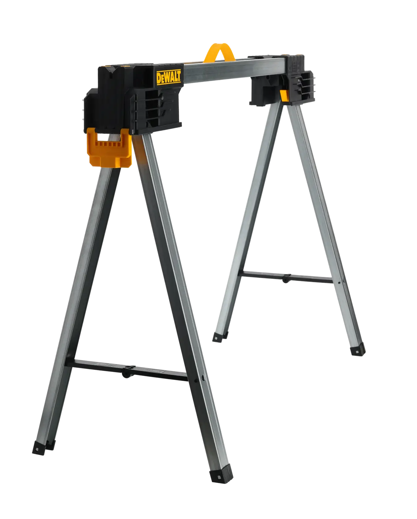 A DEWALT metal folding sawhorse with adjustable legs and yellow accents, designed for supporting materials during construction or woodworking tasks.