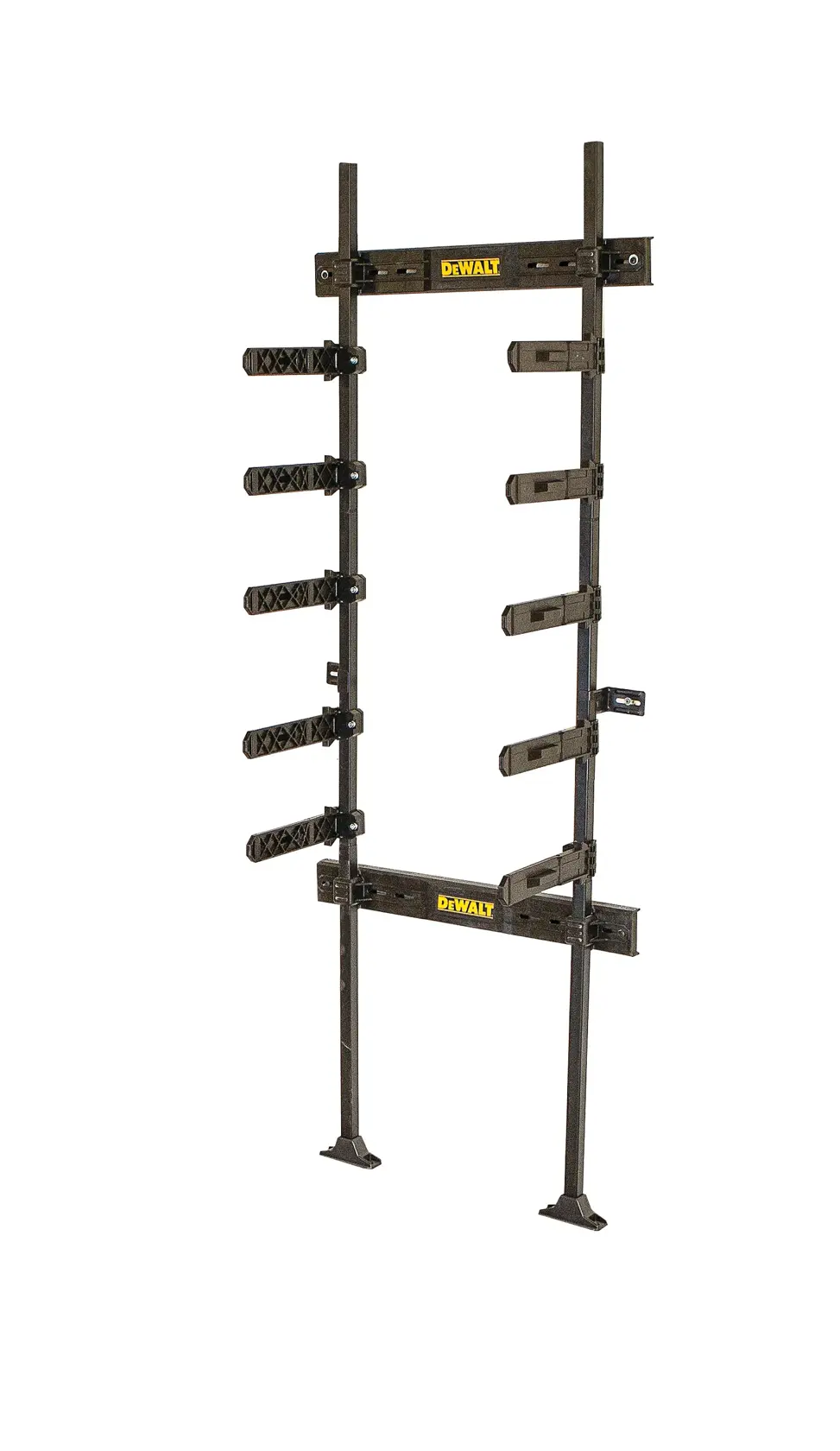 A DEWALT branded metal storage rack with multiple horizontal arms, designed for organizing and holding long tools or materials. The rack stands freely and is black with yellow DEWALT labels.