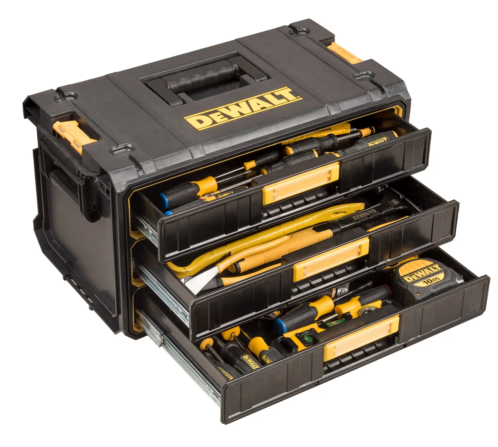DEWALT tool chest with three open drawers filled with various hand tools and accessories.
