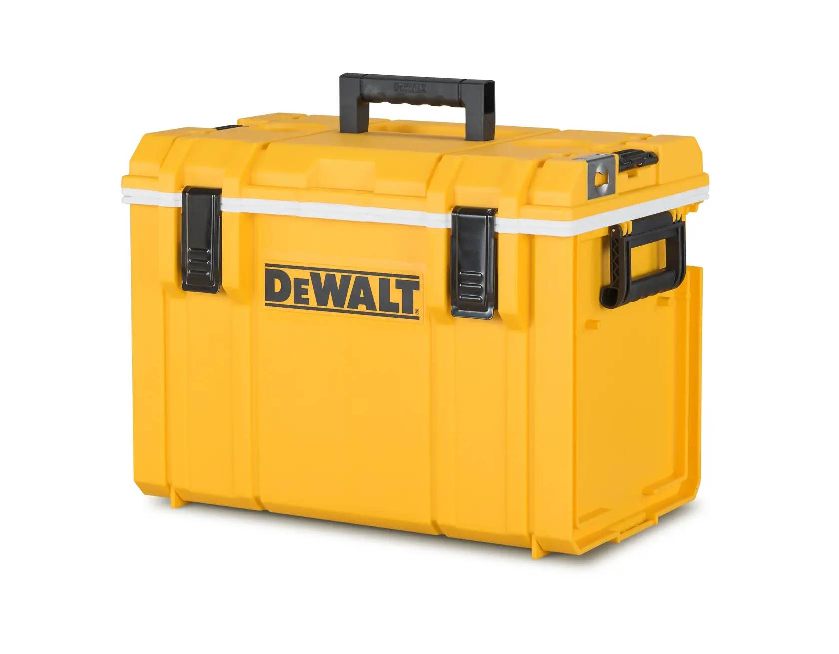 A yellow DEWALT tool storage box with a black handle and black latches, photographed on a white background.