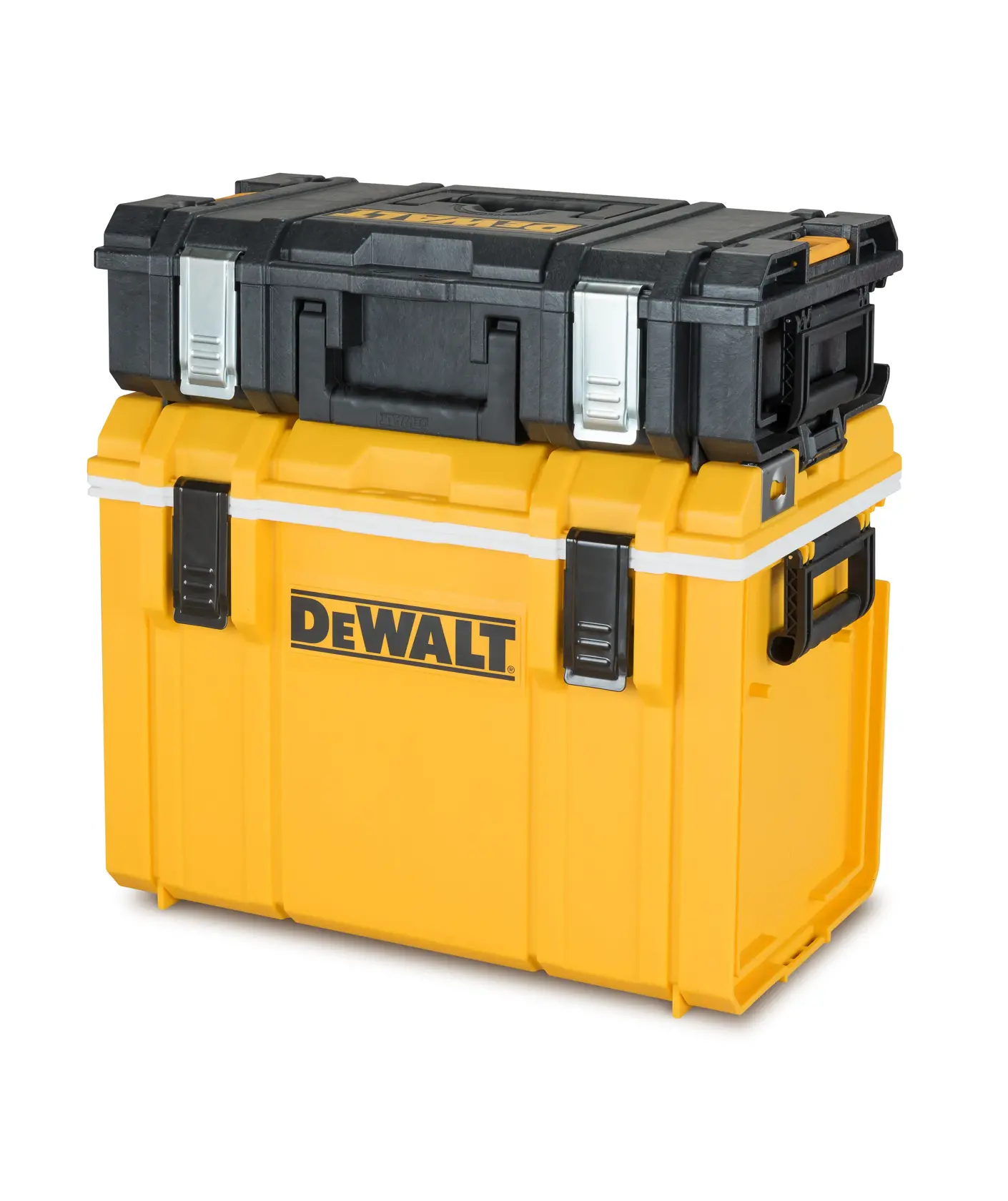 DEWALT ToughSystem 2.0 promotional graphic with the slogan 'Storage Built to Handle It' in large, bold yellow lettering on a dark, textured background.