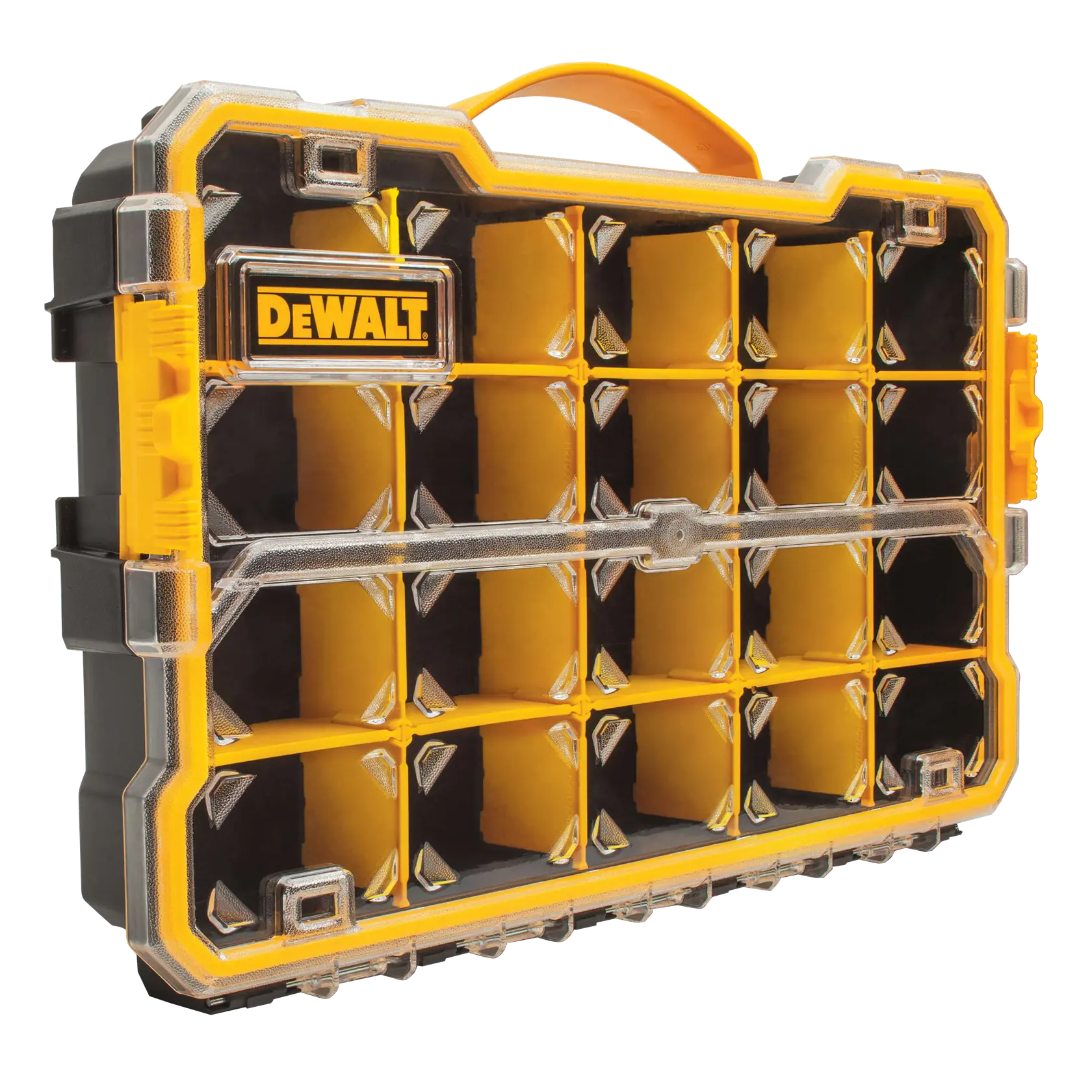 A DEWALT plastic organizer case with a transparent lid, multiple yellow and black compartments, and a handle on top. Designed for storing and organizing tools or small parts.