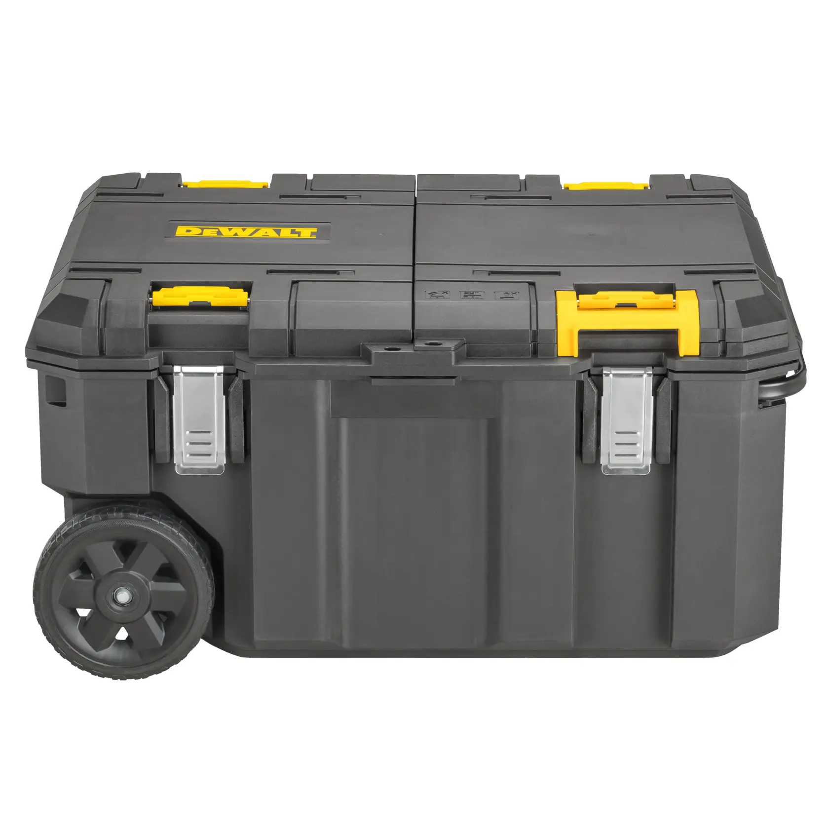 A black DEWALT rolling toolbox with yellow accents, featuring two wheels and metal latches on the front.