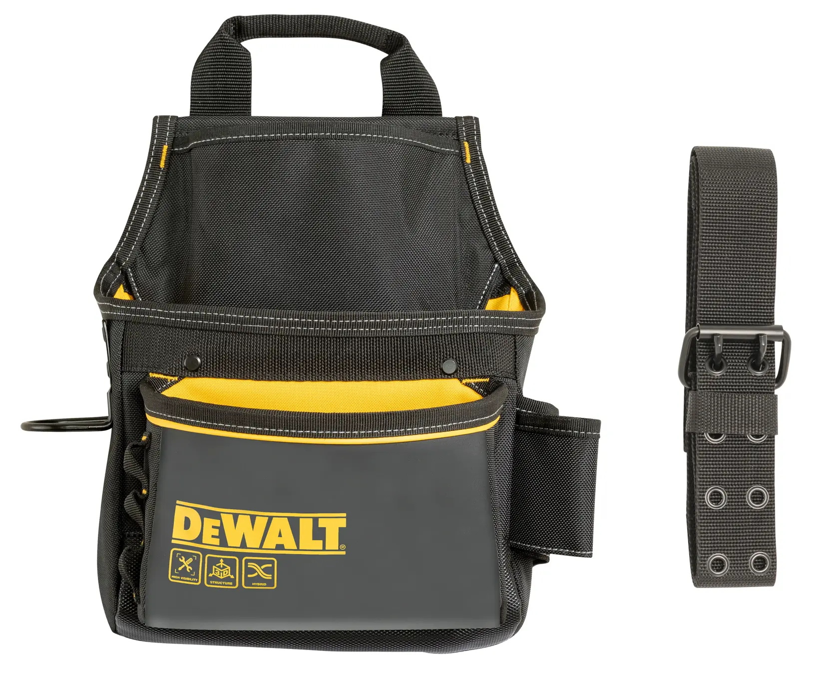 A DEWALT branded black and yellow tool pouch with multiple compartments and an adjustable black belt, designed for carrying tools.