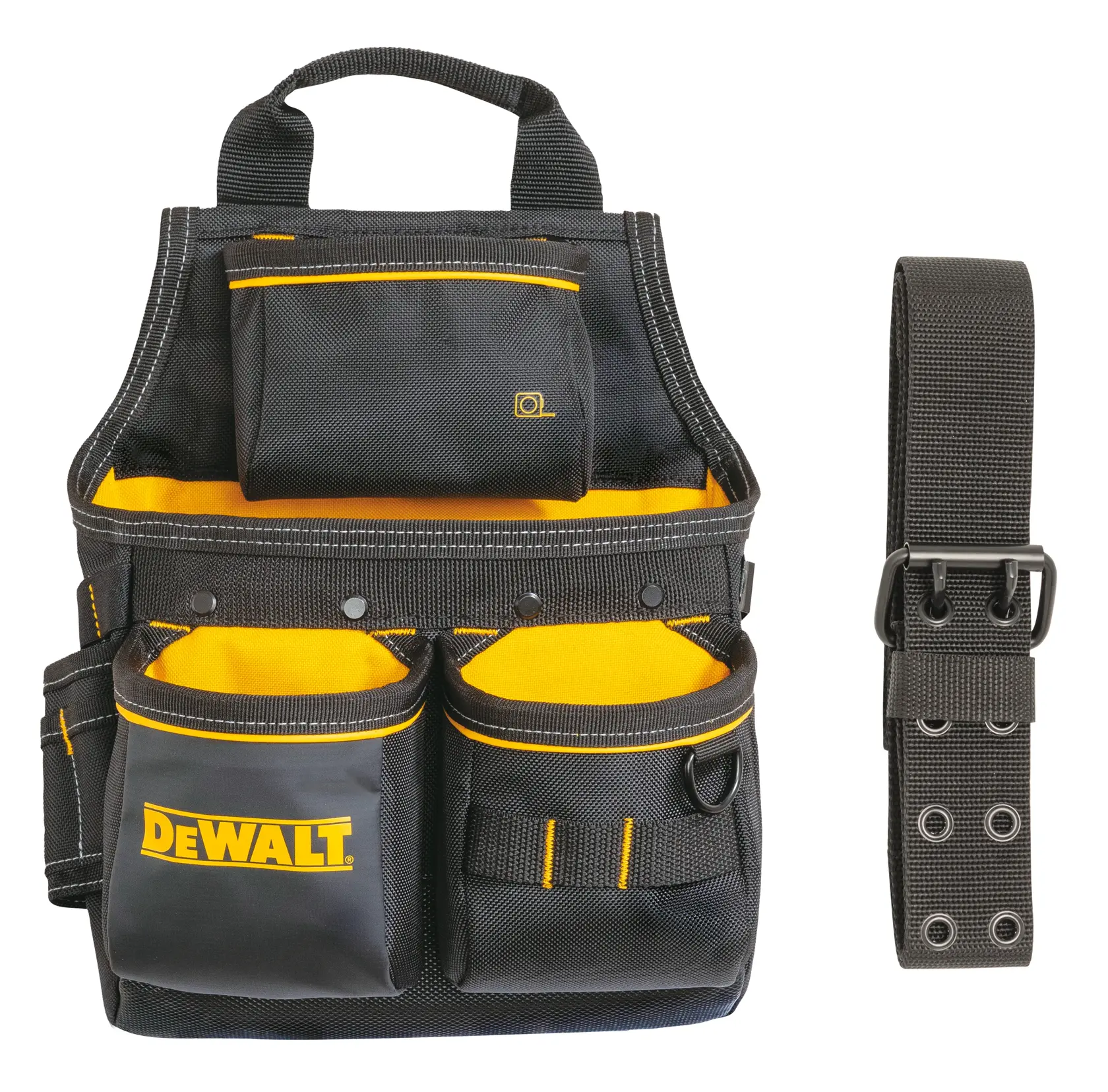 A DEWALT branded black and yellow tool pouch with multiple pockets and a detachable black belt, designed for organizing and carrying tools.