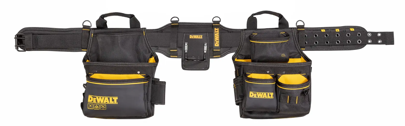 DEWALT branded tool belt with multiple black and yellow pouches and pockets, designed for carrying tools and accessories.