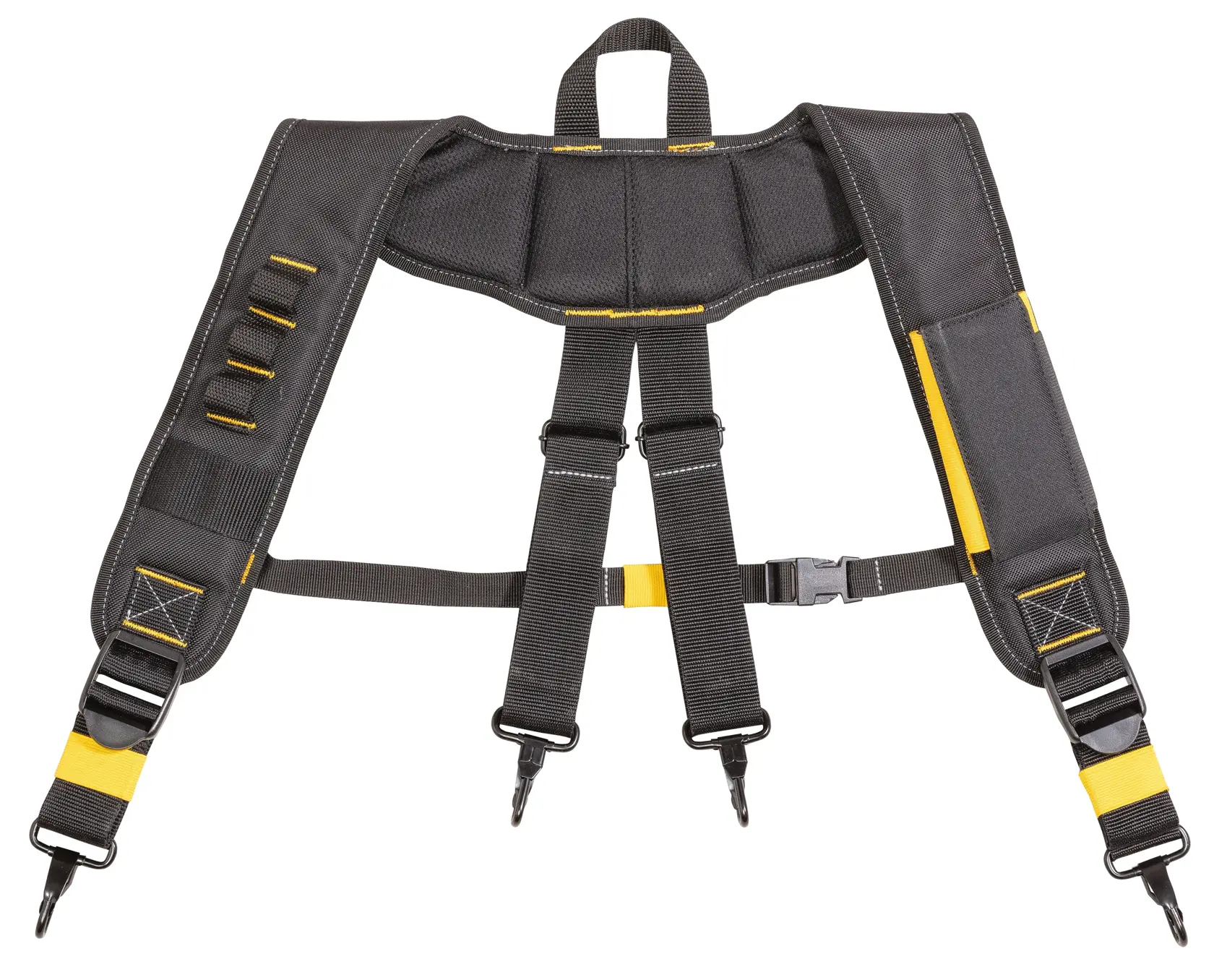 Black and yellow padded harness with straps and hooks, designed for carrying heavy gear.