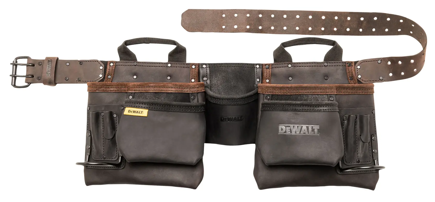 A DEWALT branded leather tool belt with multiple pockets and a sturdy buckle, designed for carrying tools.