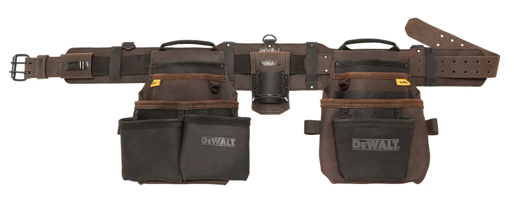 A DEWALT leather tool belt with multiple pockets and compartments for organizing tools, shown on a white background.