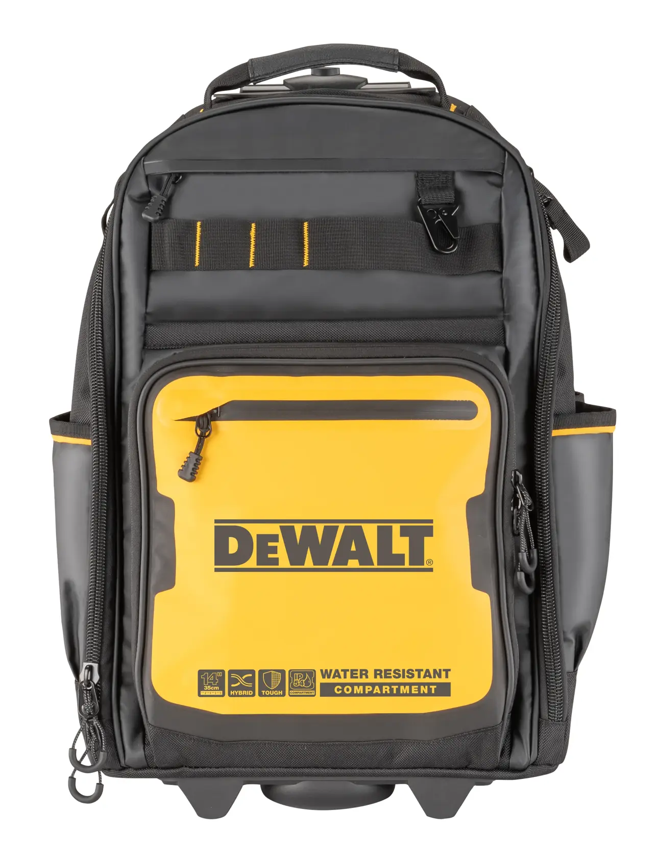 Front view of a DEWALT backpack with black and yellow design. The backpack features a water-resistant compartment on the front and multiple pockets and zippers. The DEWALT logo is prominently displayed.