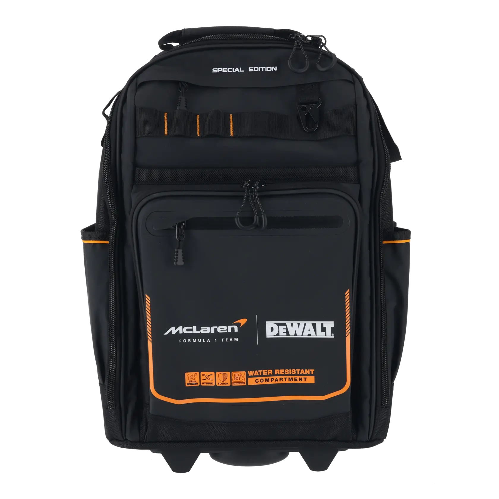 DeWALT McLaren water-resistant black backpack with multiple compartments, for tools and gear protection.