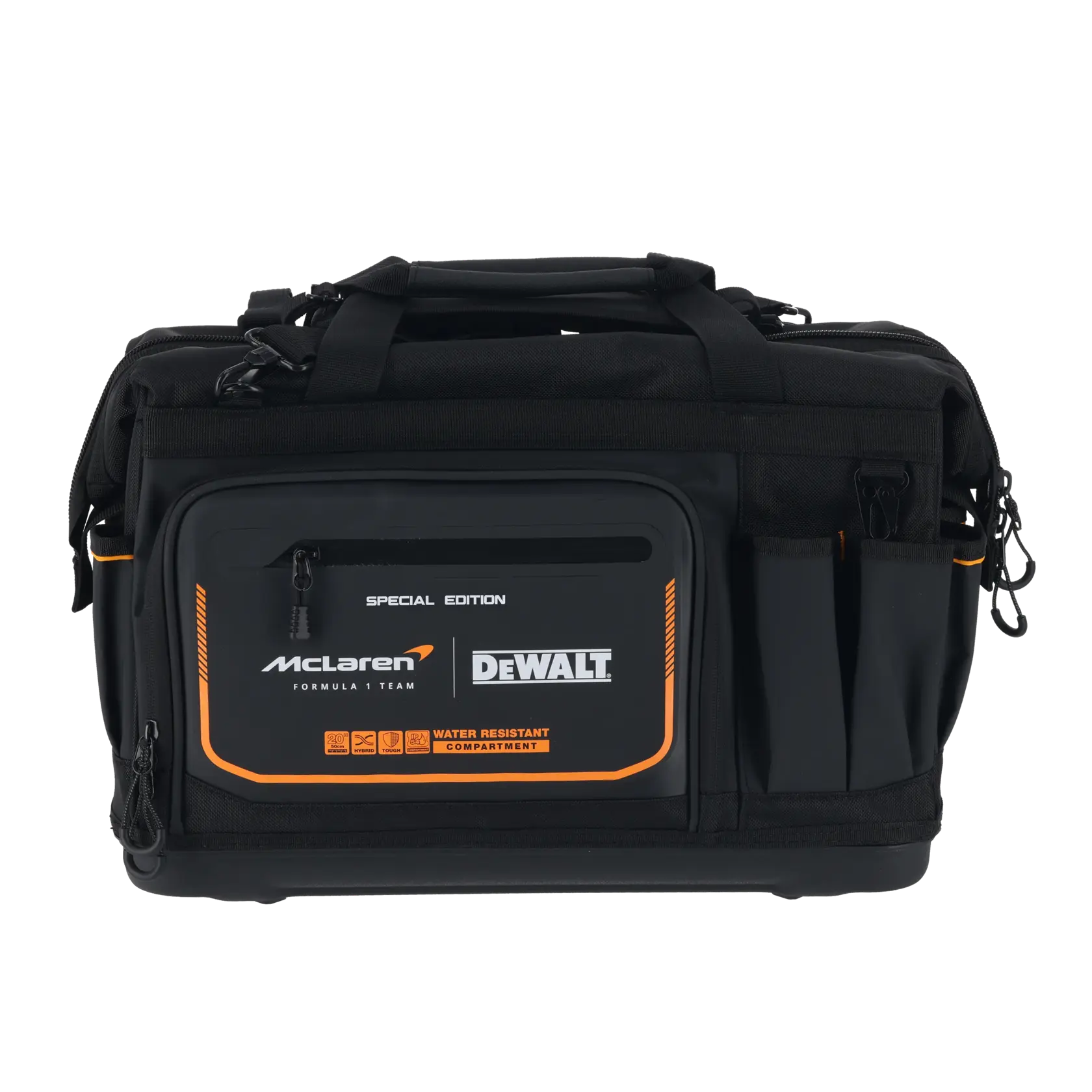 DEWALT McLaren tool bag with water-resistant compartment for tool storage and protection.