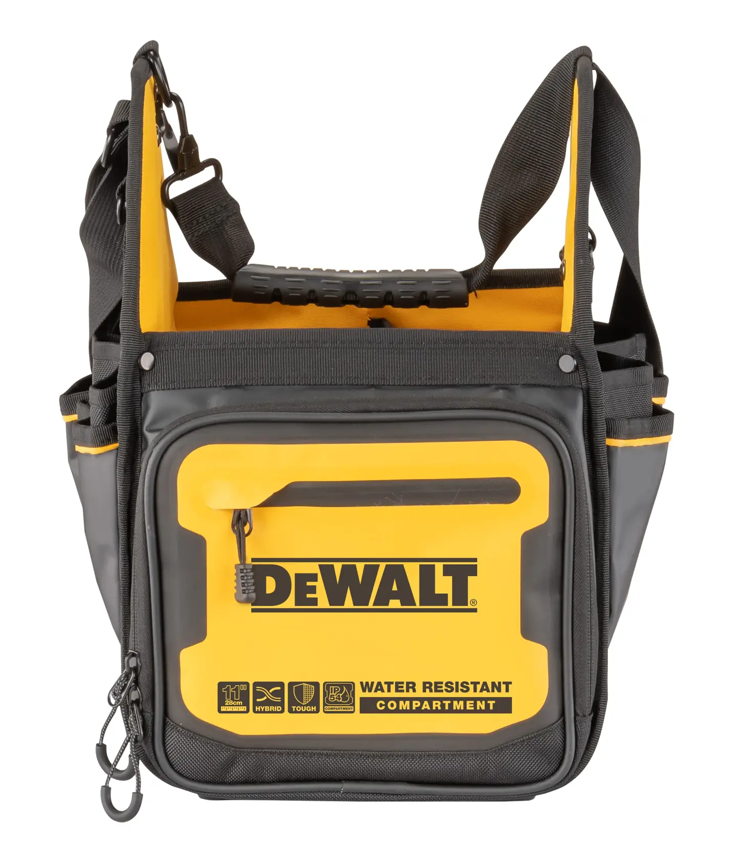Front view of a DEWALT DWST60105-1 photography bag with a water resistant compartment, featuring a yellow and black design, shoulder strap, and prominent DEWALT logo.