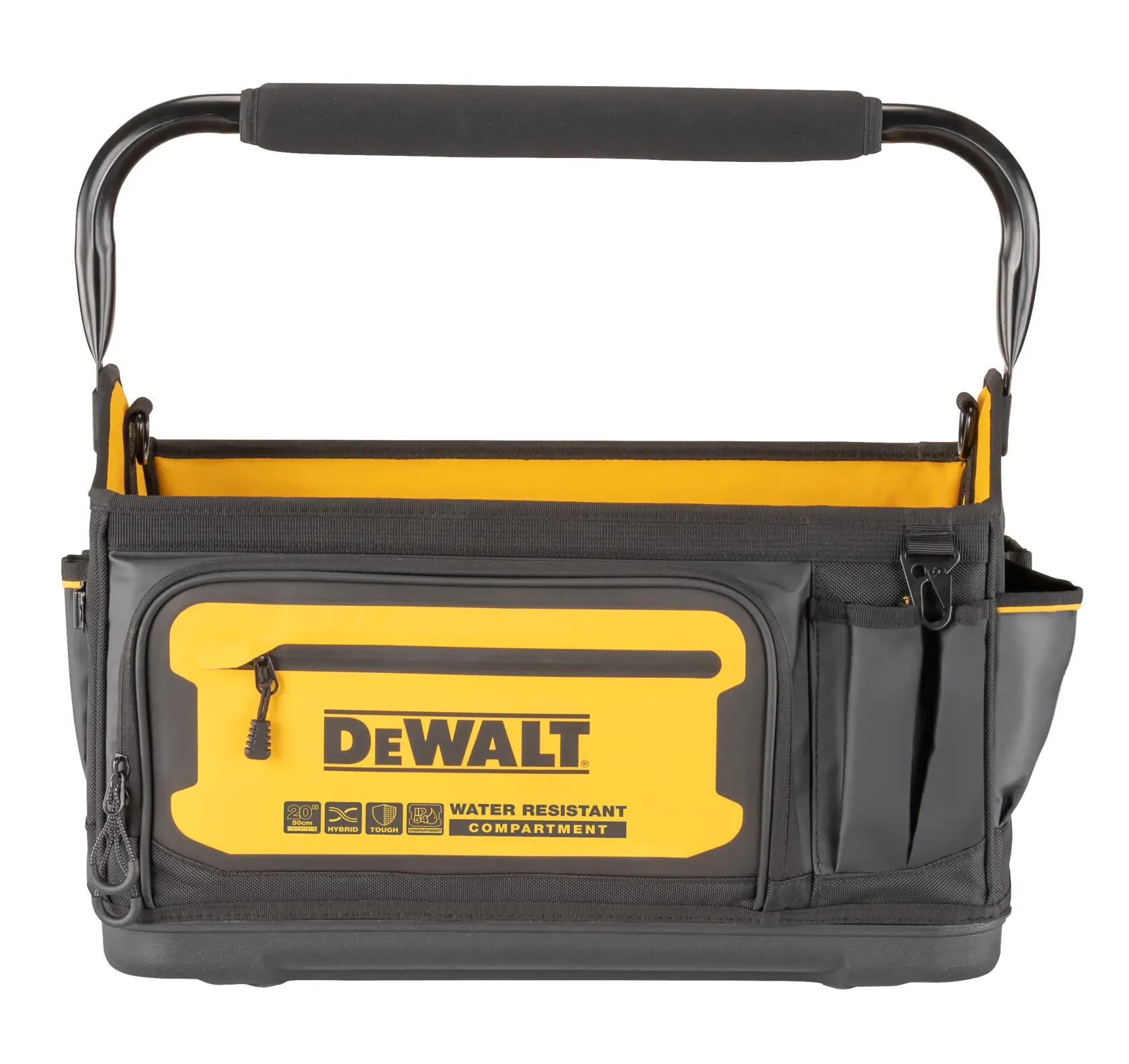 A DEWALT branded open tool tote bag with a sturdy handle, multiple compartments, and a front yellow water-resistant zippered pocket.