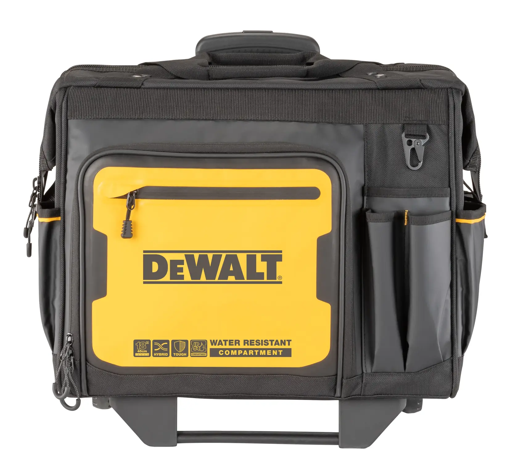 Front view of a DEWALT tool bag with a yellow and black color scheme, featuring multiple exterior pockets and compartments. The front pocket is labeled 'water resistant compartment'. The bag has a handle on top for carrying.