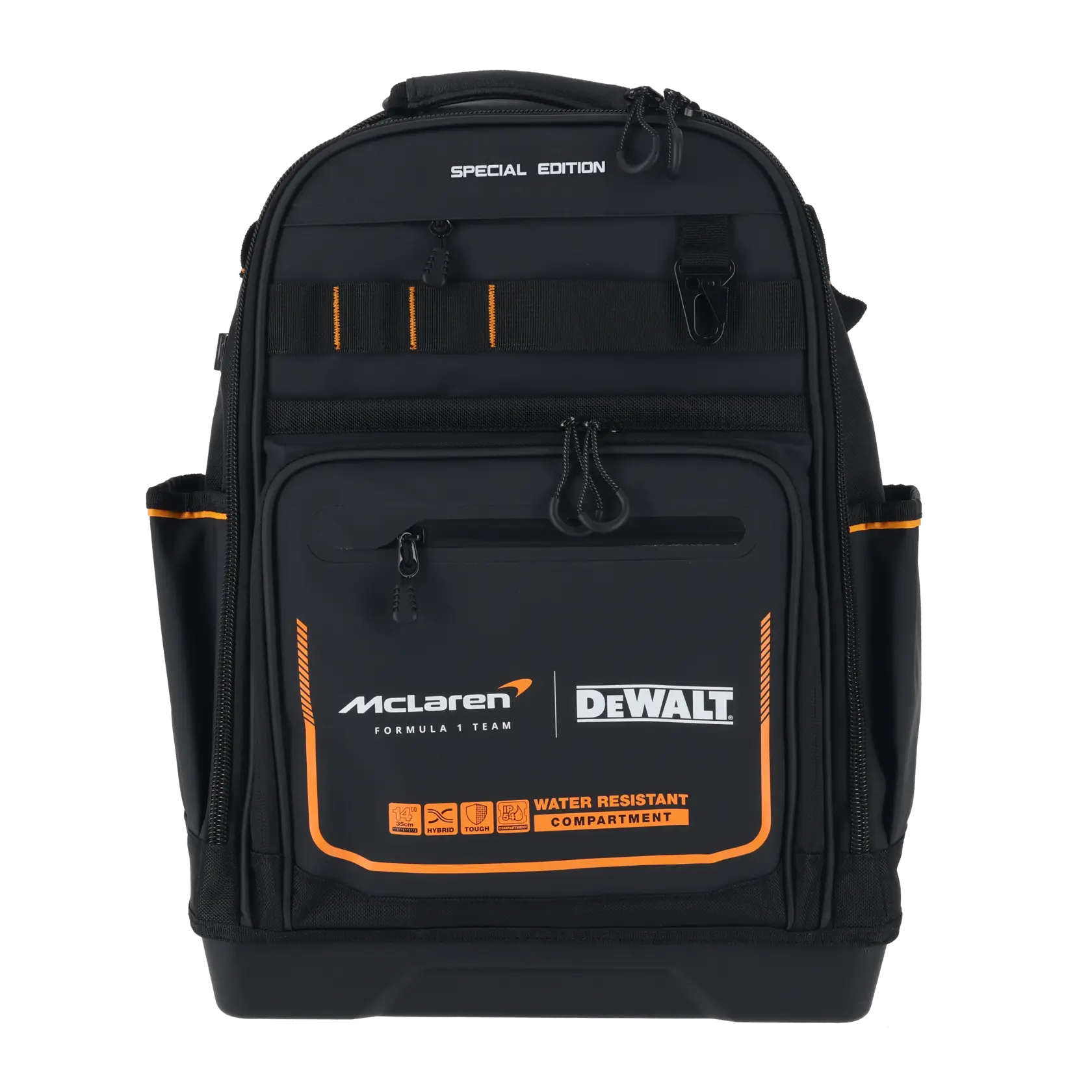 DEWALT McLaren backpack with water resistant compartment for tool storage and transport.