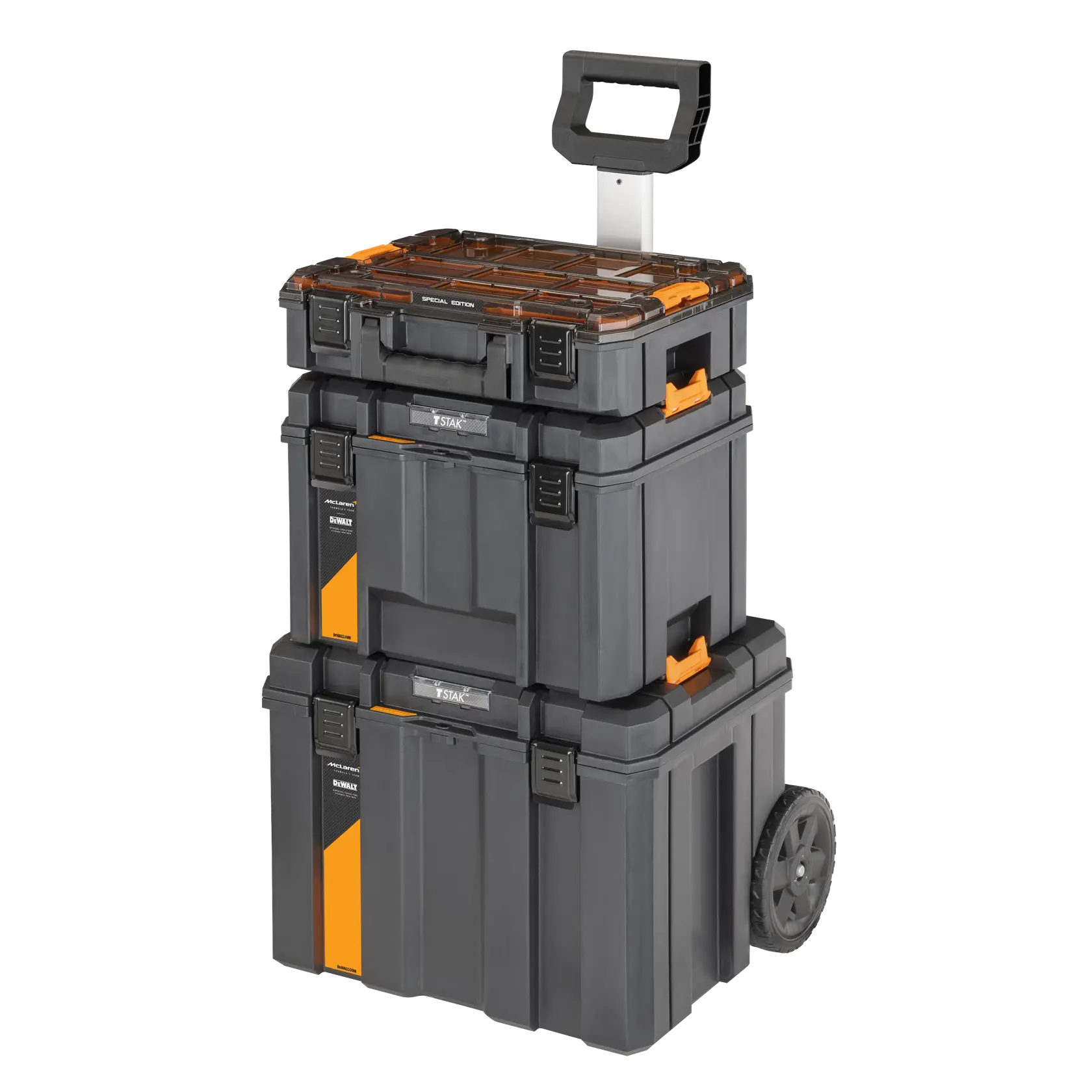Stanley TSTAK stackable toolboxes with wheels and handle for portable storage and organization.