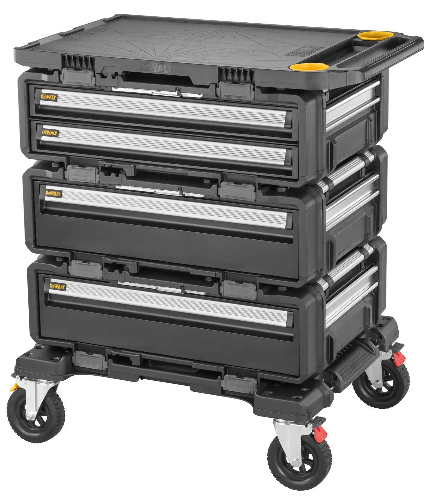 A DEWALT rolling tool storage cart with four stackable drawers, black with silver handles, mounted on four wheels for mobility. The top lid features two yellow circular sections.