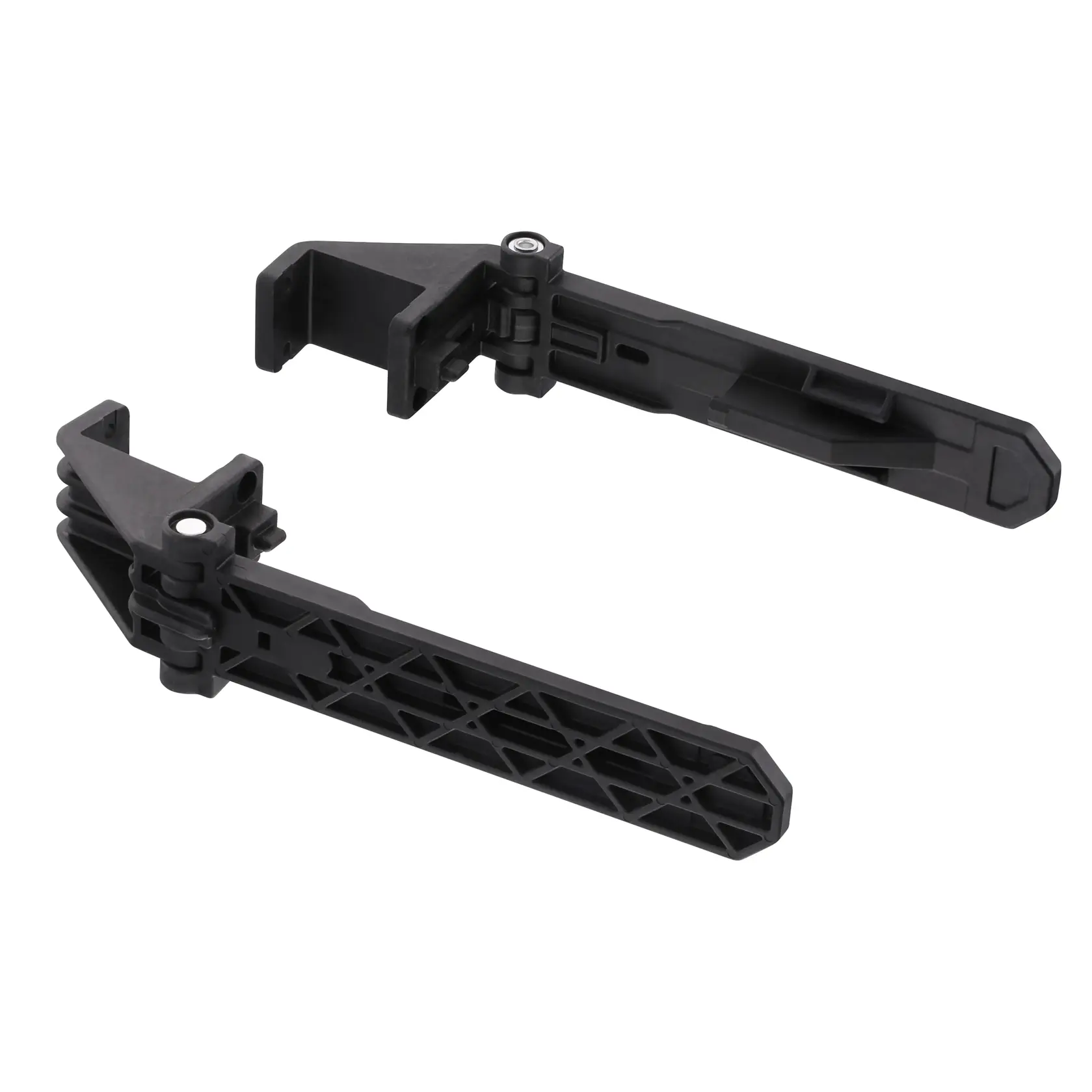 Two black DEWALT folding plastic brackets for tool storage or organization, shown on a white background.