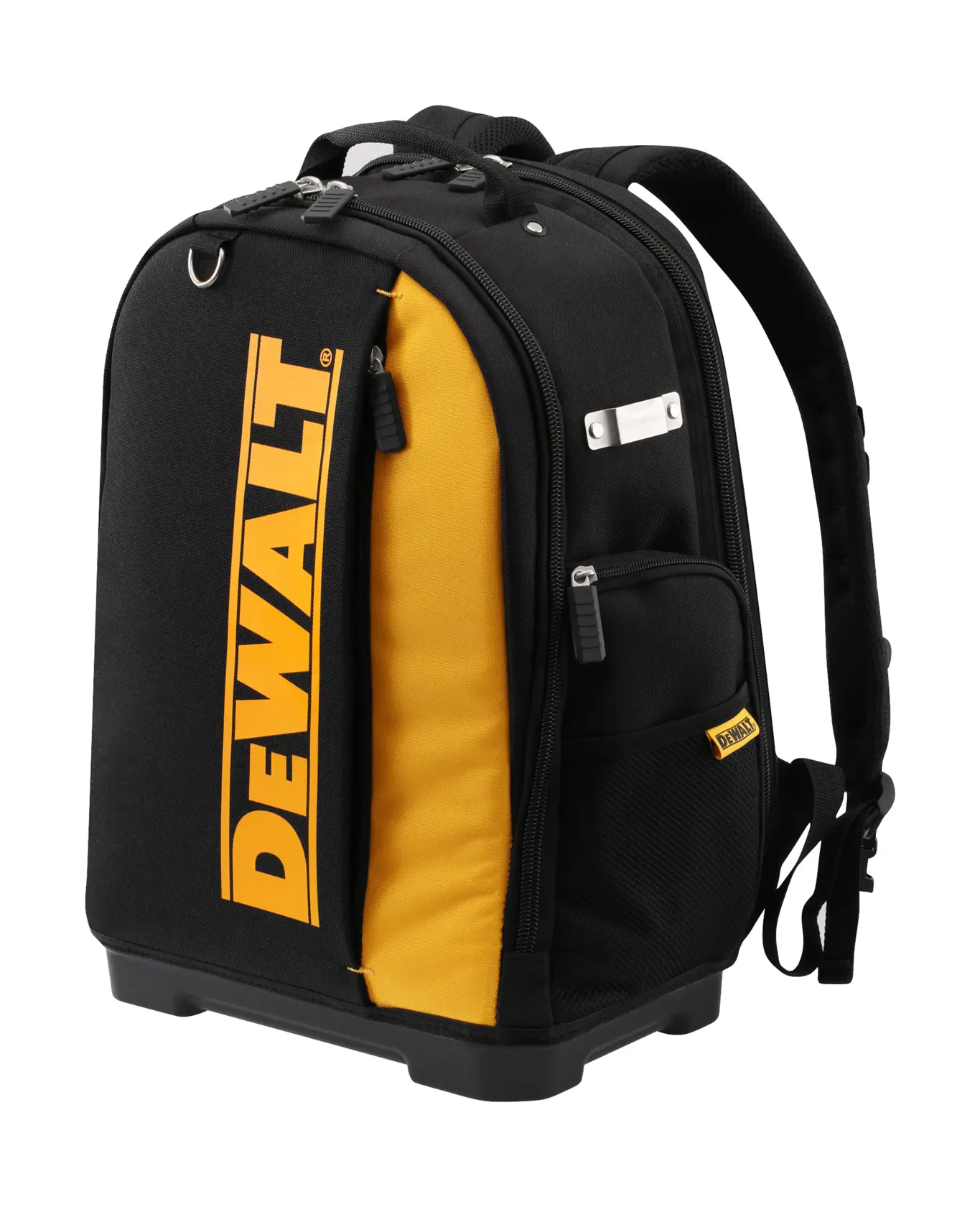 Black and yellow DEWALT backpack with multiple zippered compartments and padded shoulder straps.