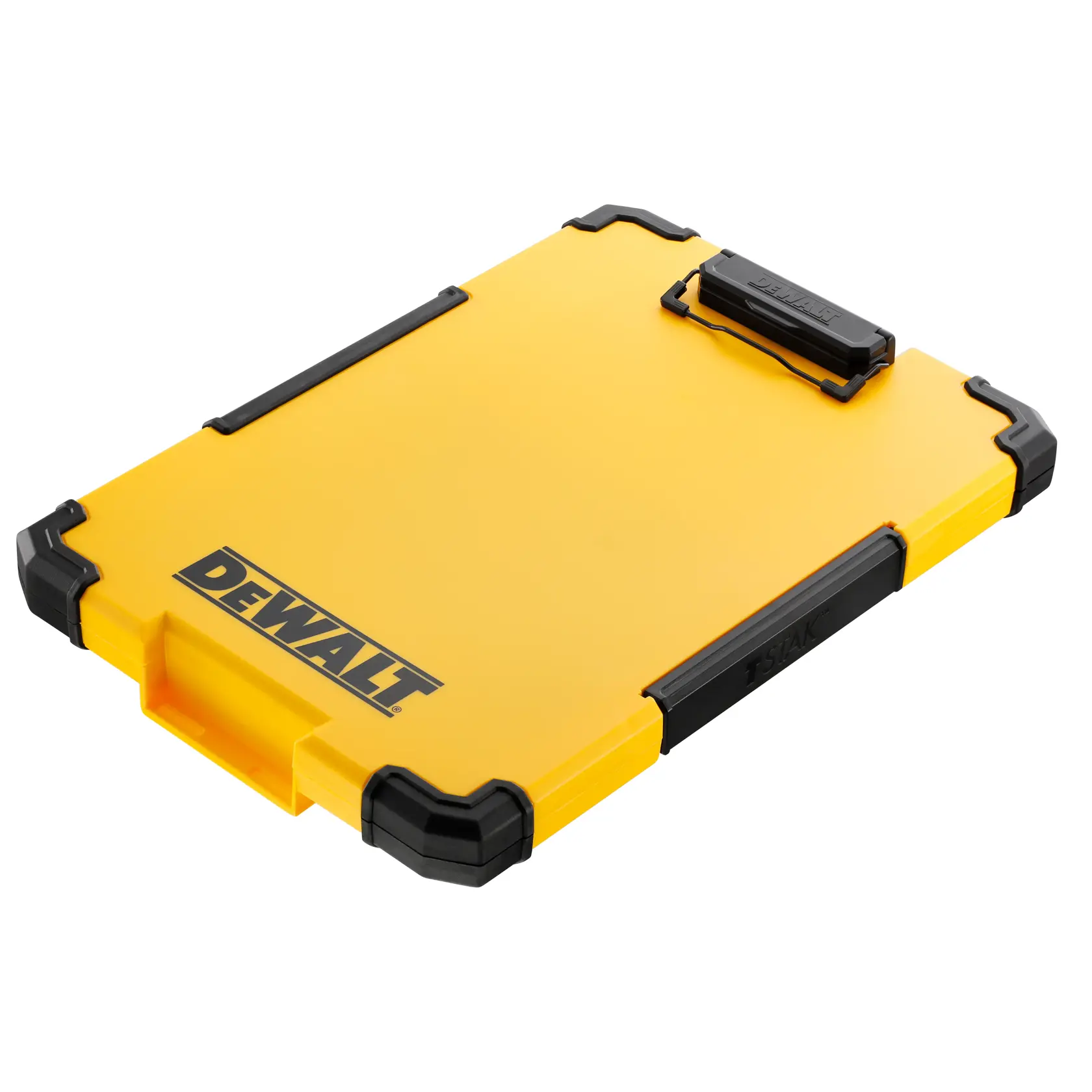 A yellow DEWALT branded hard plastic clipboard with black reinforced corners and a black clip at the top, designed for durable use on work sites.