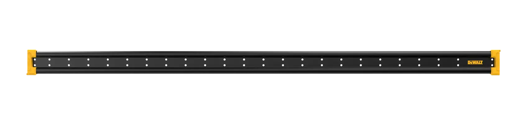 A DEWALT-branded black metal wall-mounted storage rail with yellow end brackets, designed for organizing tools and accessories.