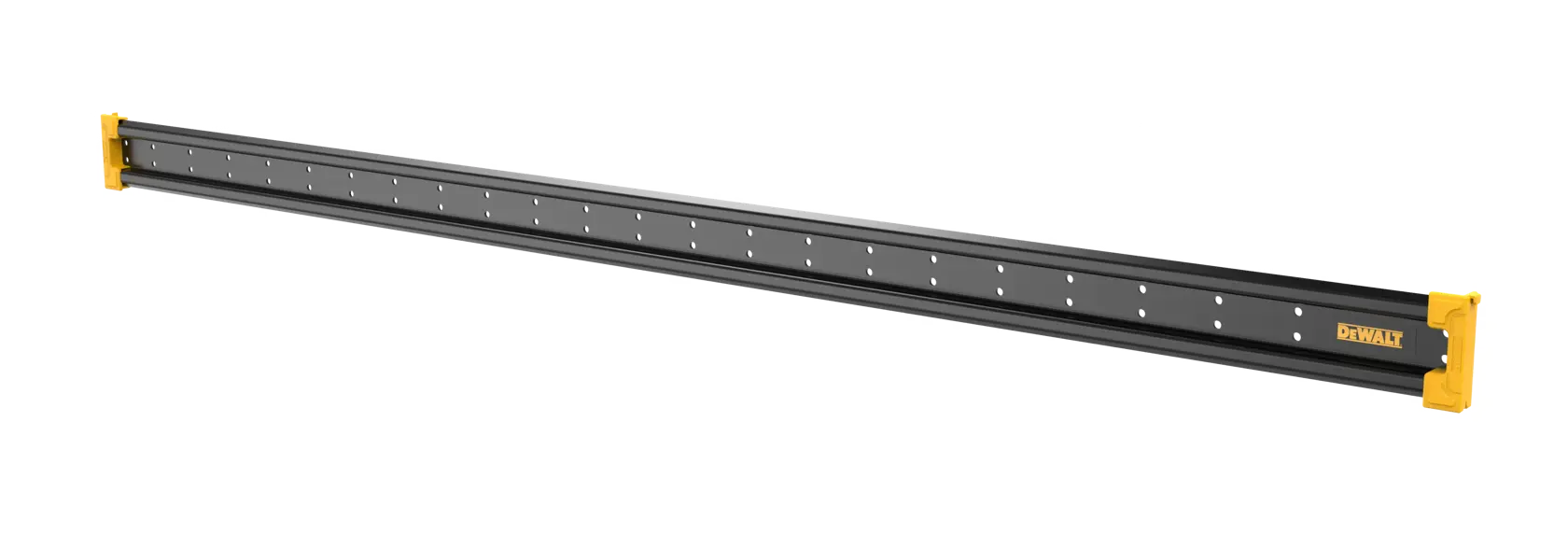 A long, black metal track with yellow end caps and a DEWALT logo, designed for use with compatible tools, shown against a white background.