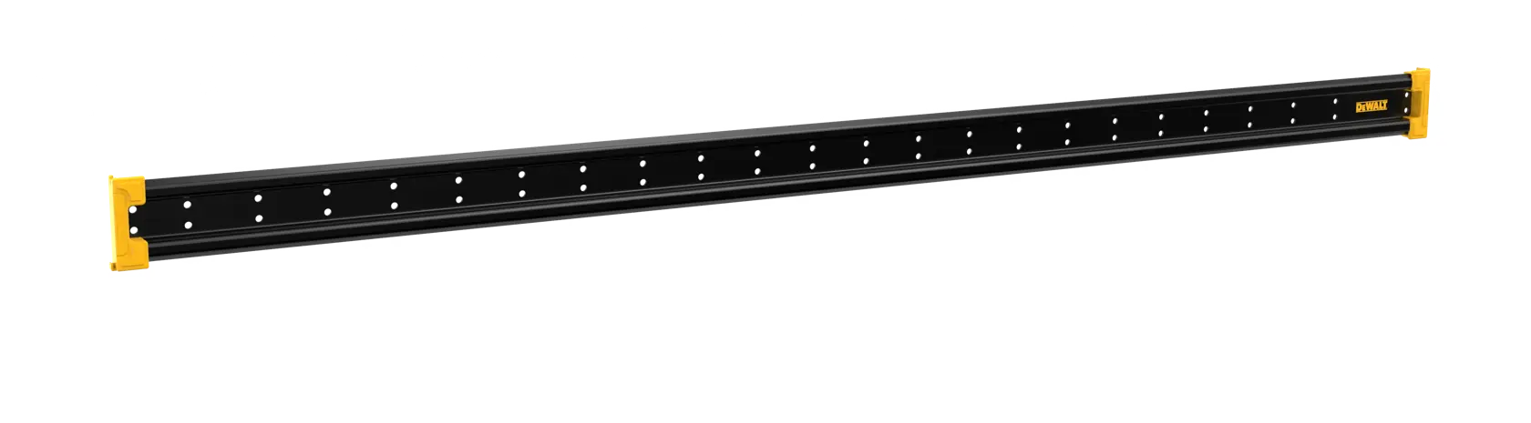 A DEWALT black metal wall-mounted rail with yellow end brackets, designed for organizing tools and accessories. The rail features multiple evenly spaced holes for mounting attachments.