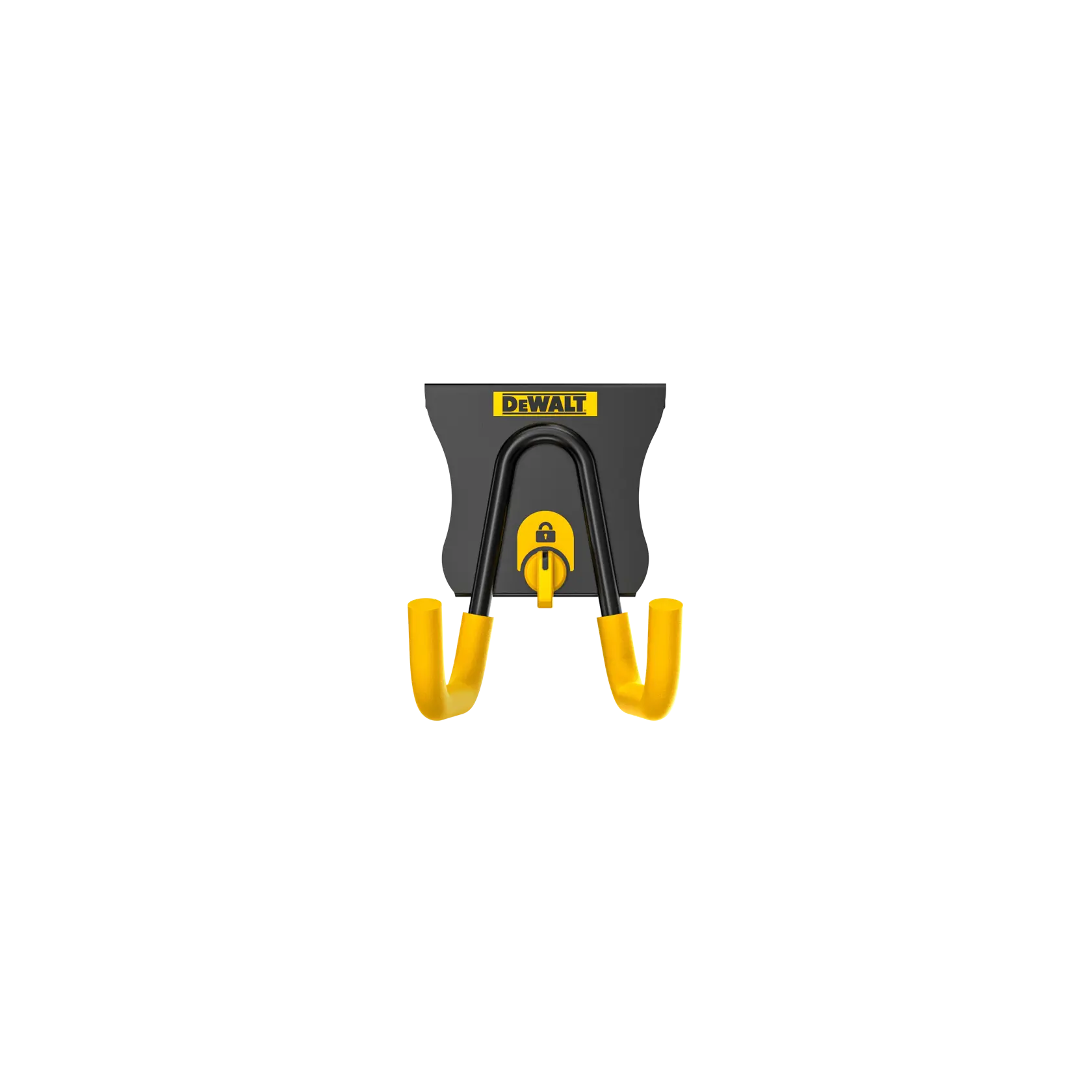 DEWALT-branded double hook wall mount with yellow and black finish, designed for secure tool storage.