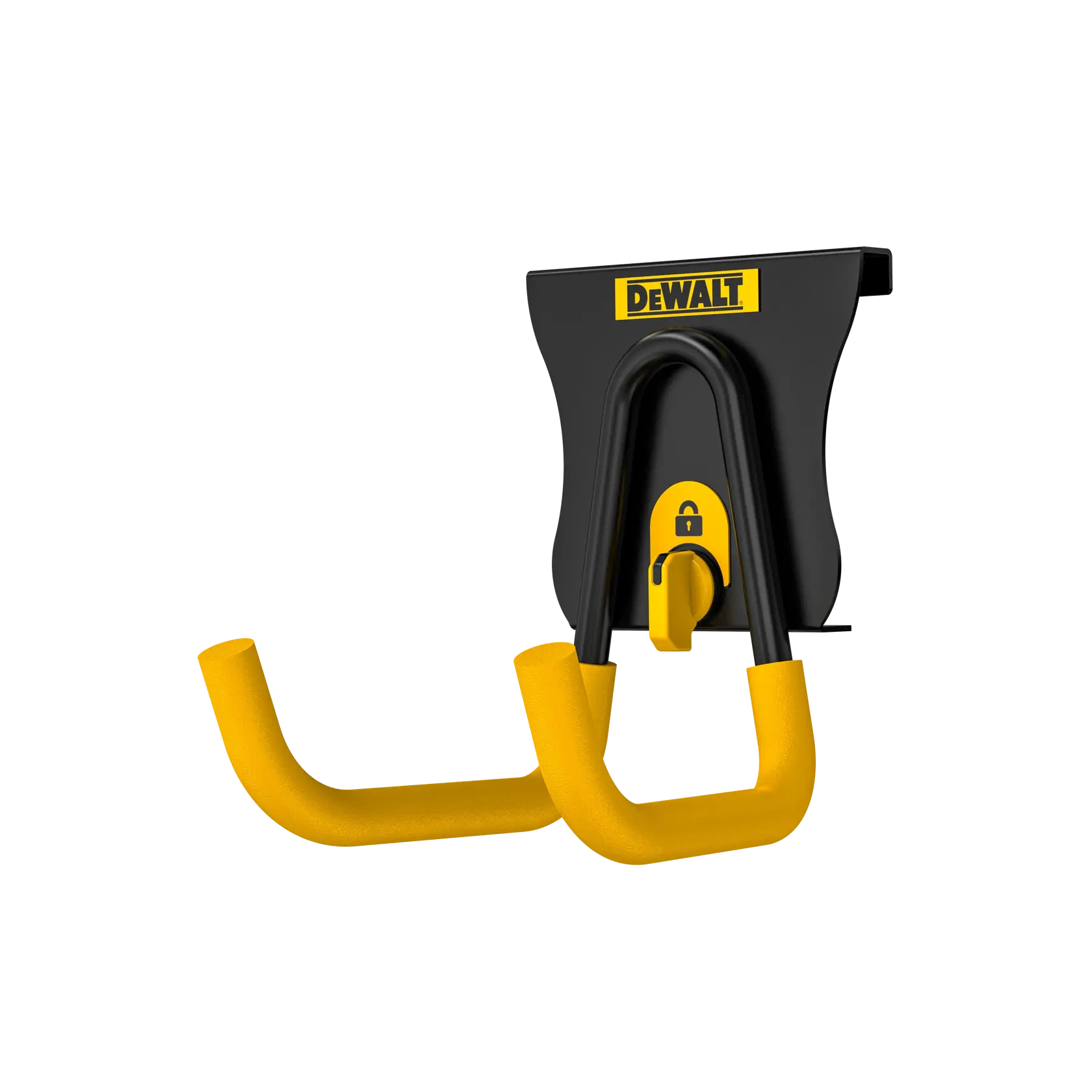 A DEWALT wall-mounted double hook with yellow padded arms and a black base, designed for securely holding tools or equipment. The hook features a lock symbol for added security.