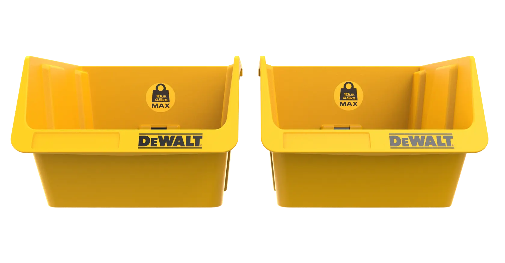 Two yellow DEWALT storage bins with open fronts, displaying the DEWALT logo and maximum load indicator inside each bin.