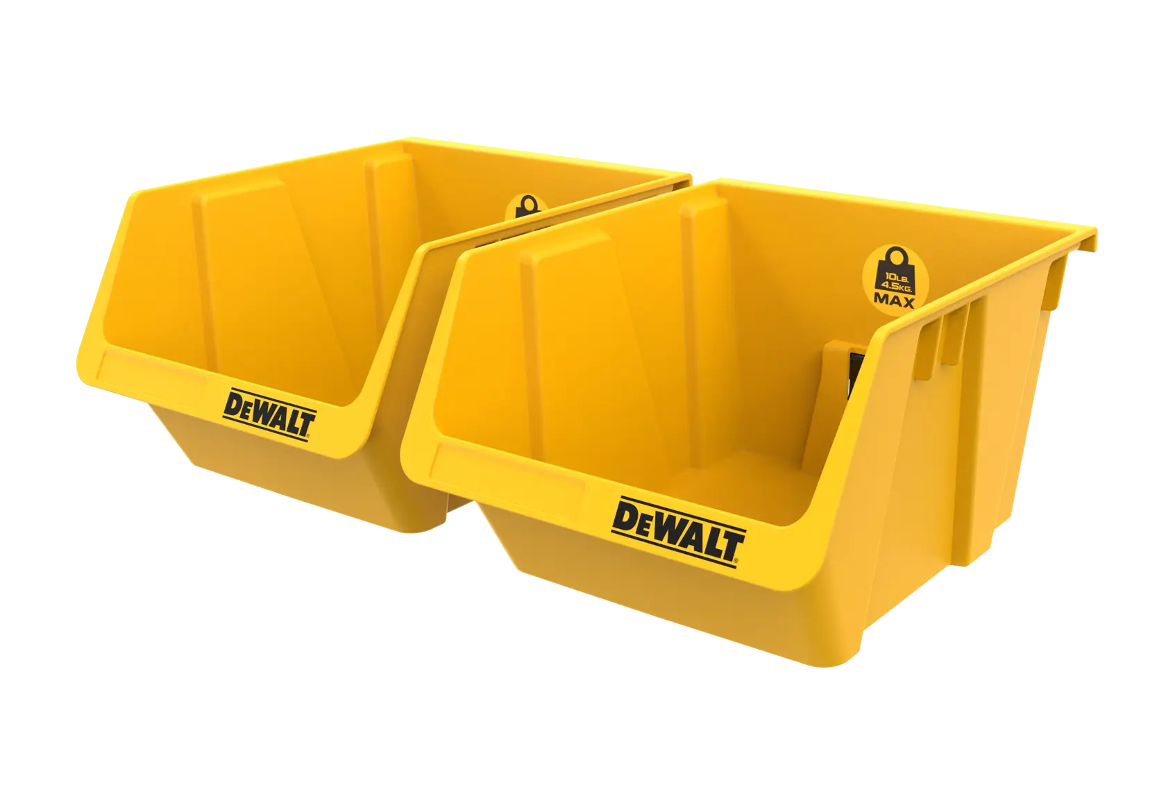 Two yellow DEWALT branded plastic storage bins with open fronts, designed for organizing tools or small parts.