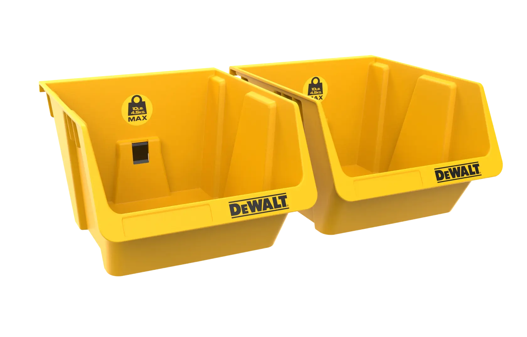 Two yellow DEWALT plastic storage bins with open fronts, DEWALT logos, and weight limit markings, designed for organizing tools or small items.