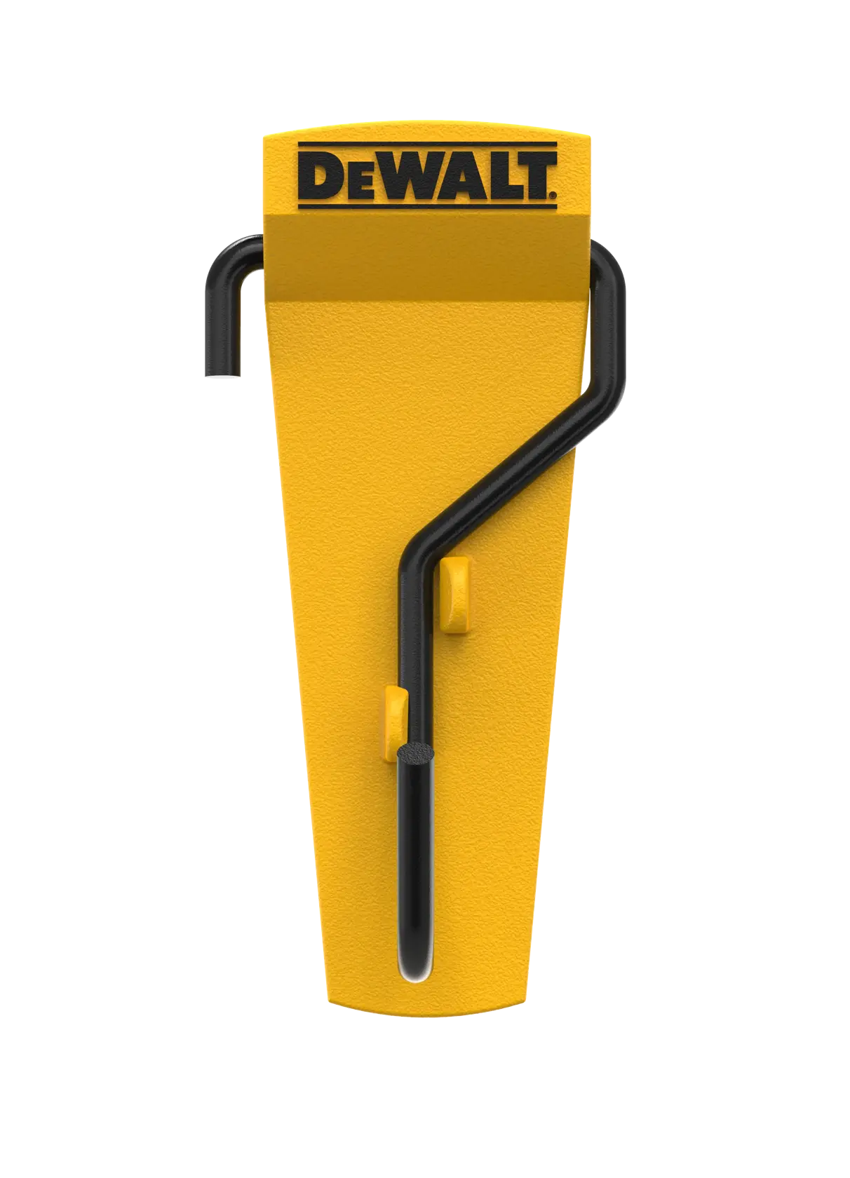 A yellow DEWALT wall hook with a black metal bracket, designed for organizing tools or equipment. The DEWALT logo is displayed at the top.