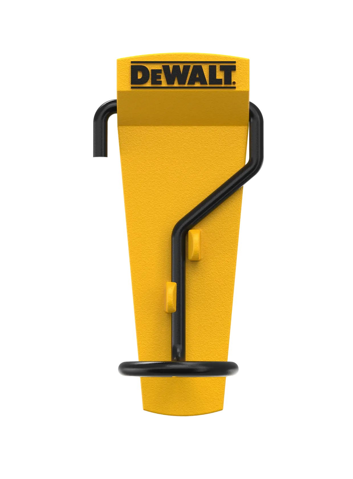 A yellow DEWALT-branded wall mount hook with a black metal bracket, designed for tool or equipment hanging.