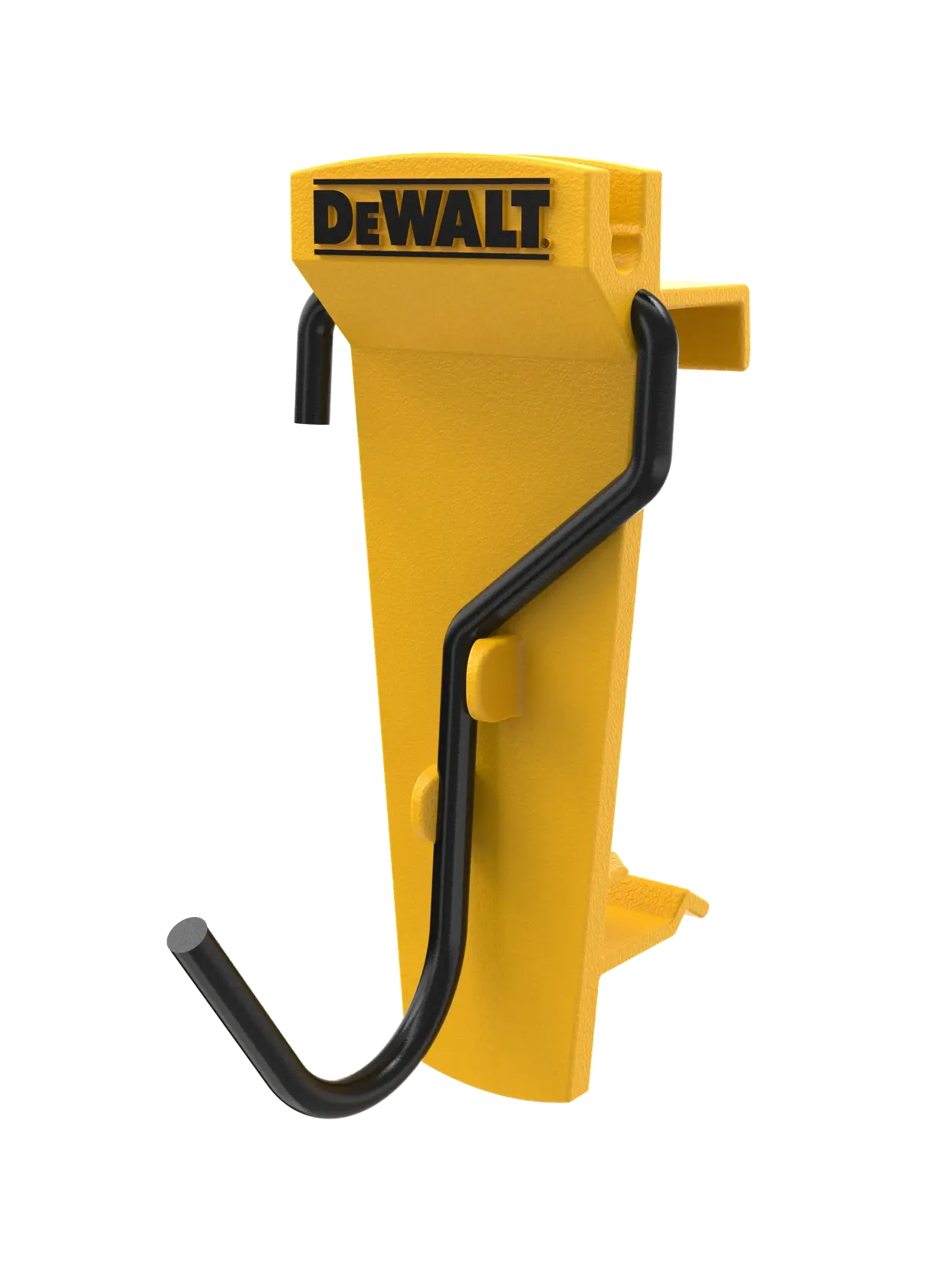 A yellow DEWALT-branded wall hook with a black metal curved arm, designed for organizing and hanging tools. The hook is mounted on a white background.
