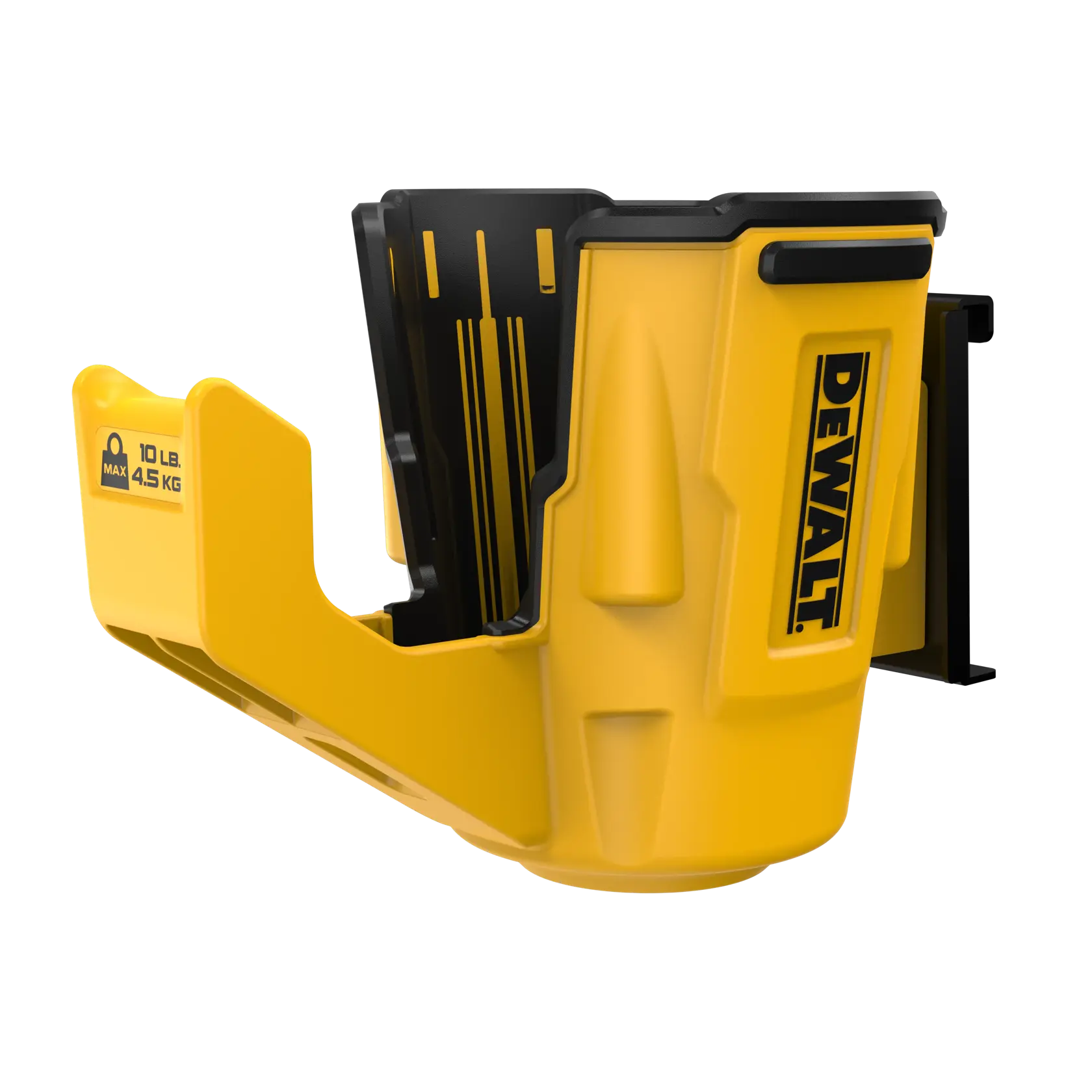 A yellow and black DEWALT wall-mounted accessory holder. It features the DEWALT logo on the side and a label indicating a maximum weight capacity of 10 lb (4.5 kg). Designed for storing tools or accessories securely.