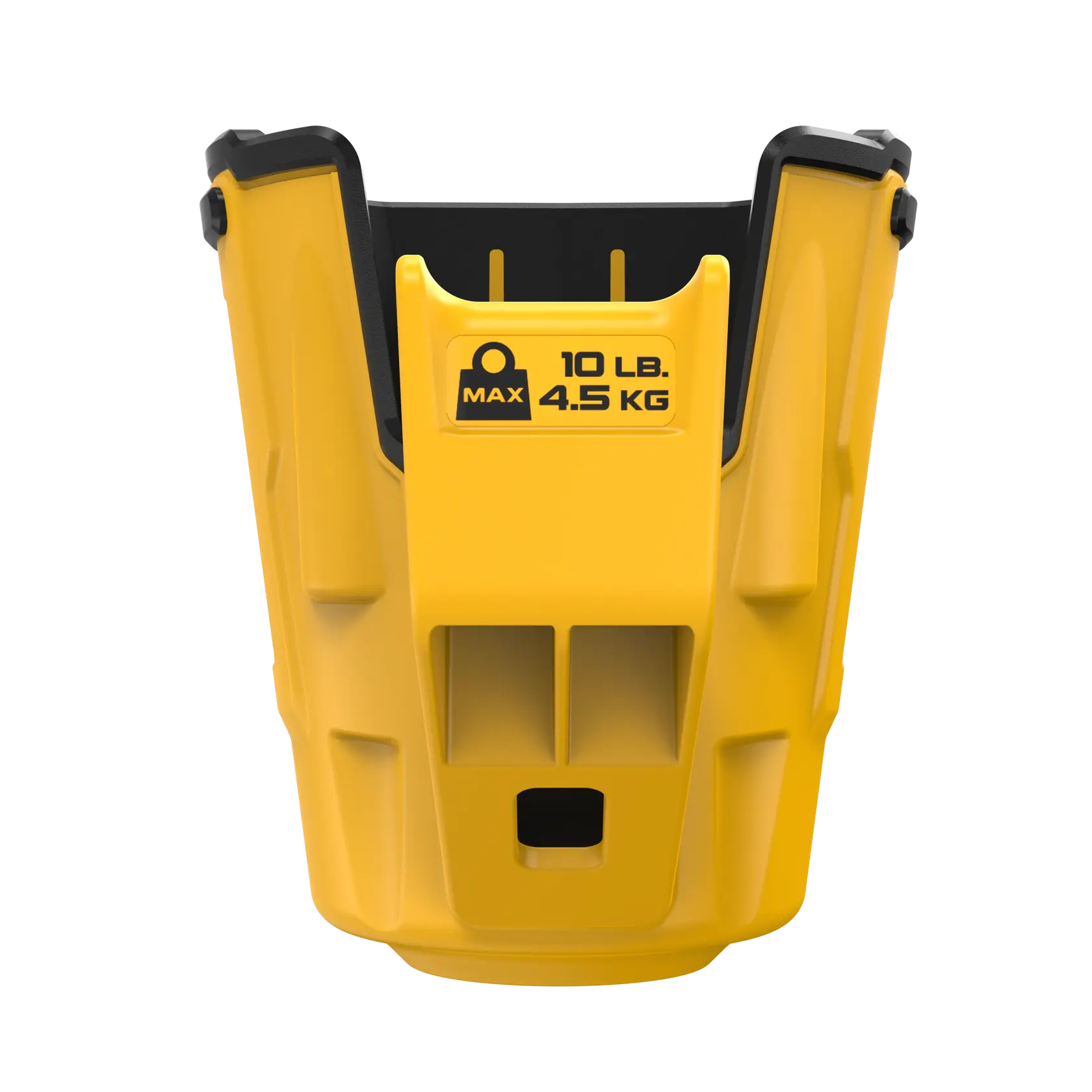Front view of a yellow DEWALT tool accessory with a black interior. The accessory has a maximum load capacity label reading 'MAX 10 LB. 4.5 KG'.
