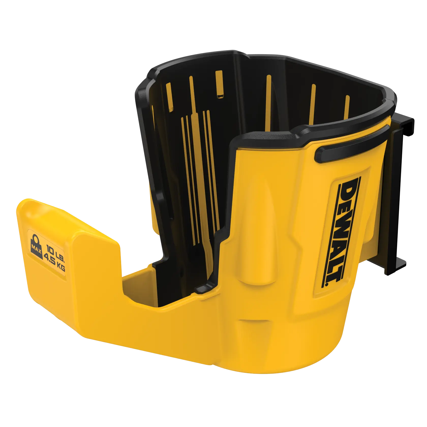 A yellow and black DEWALT tool holder made of durable plastic, designed to support up to 10 lbs (4.5 kg). The holder features the DEWALT logo and has an open, contoured shape for securely holding tools or accessories.